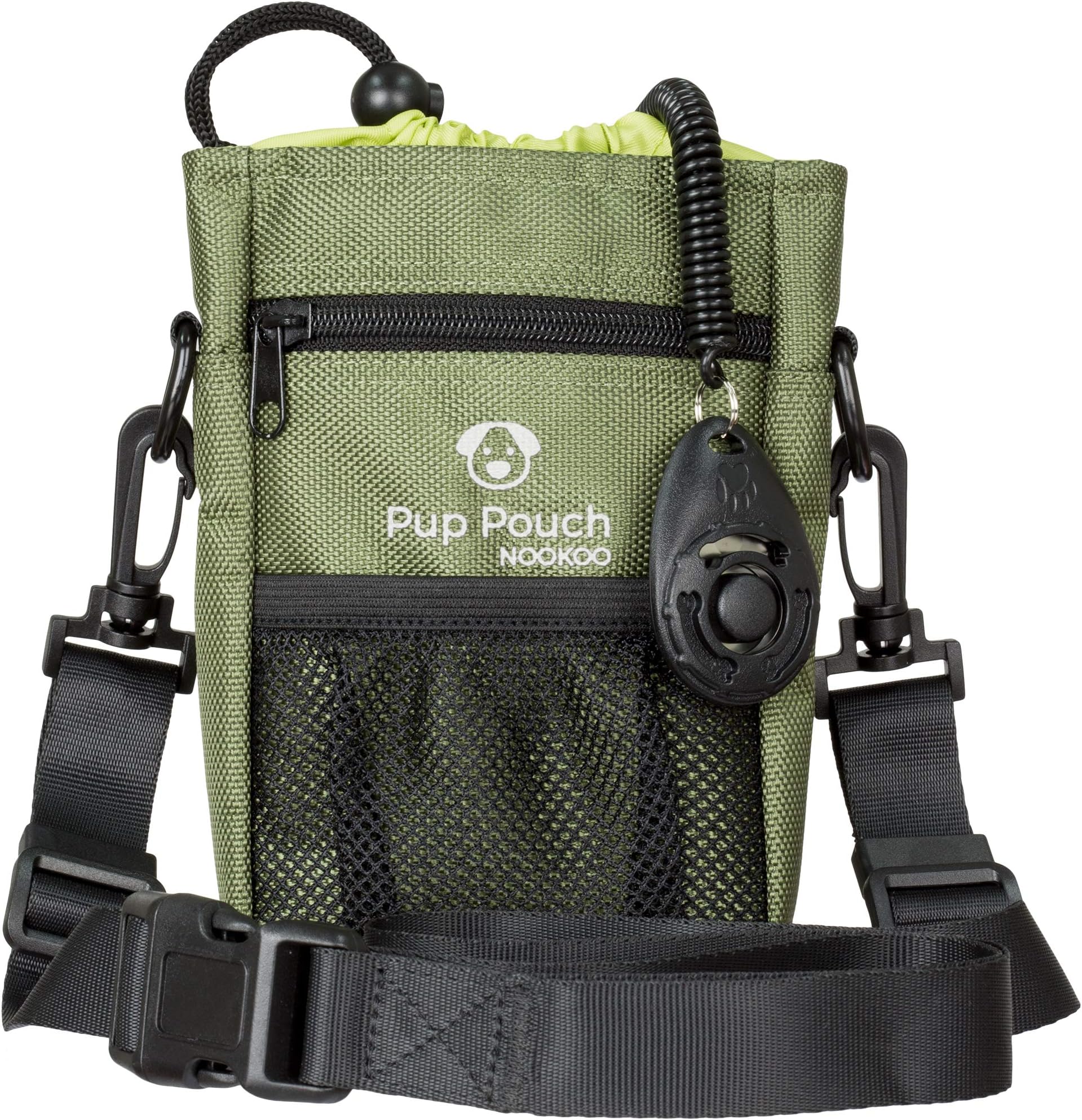 Dog Clicker Treat Walking Training Pouch Bag Bonus Clicker Trainer - Built-in Double Poop Bag Dispenser, Drawstring Closure - Carries Balls, Toys, Treats - 3 Ways to Wear