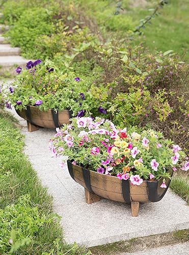 Miniatura 8 de Gardenised Macetas rectangulares de medio barril de 2 piezas estilo rústico de madera sintética para uso en interiores y exteriores, perfectas para