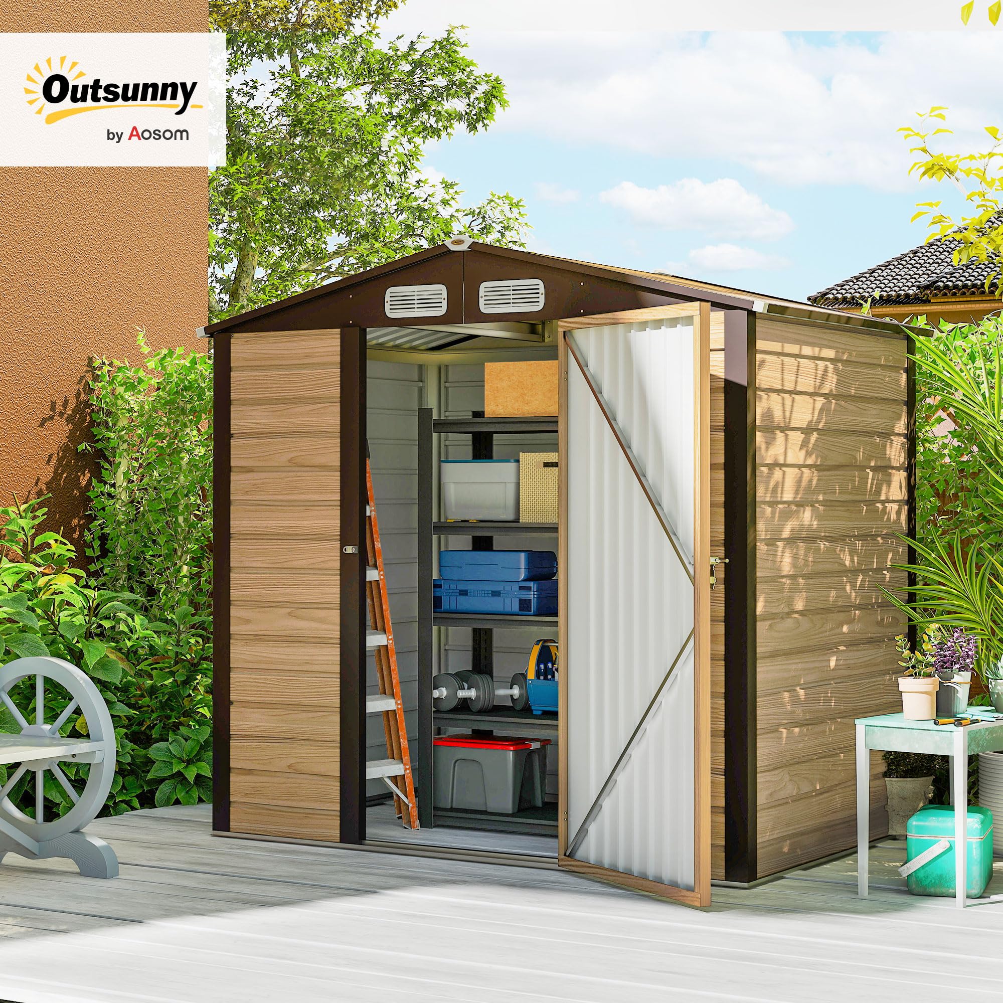 Outsunny Caseta de Jardín Exterior, 2,27 m² 190x131x188 cm, Cobertizo de Jardín Exterior Metálico con 2 Ventilaciones, Puerta con Cerradura, para Almacenamiento de Herramientas, Roble - 2