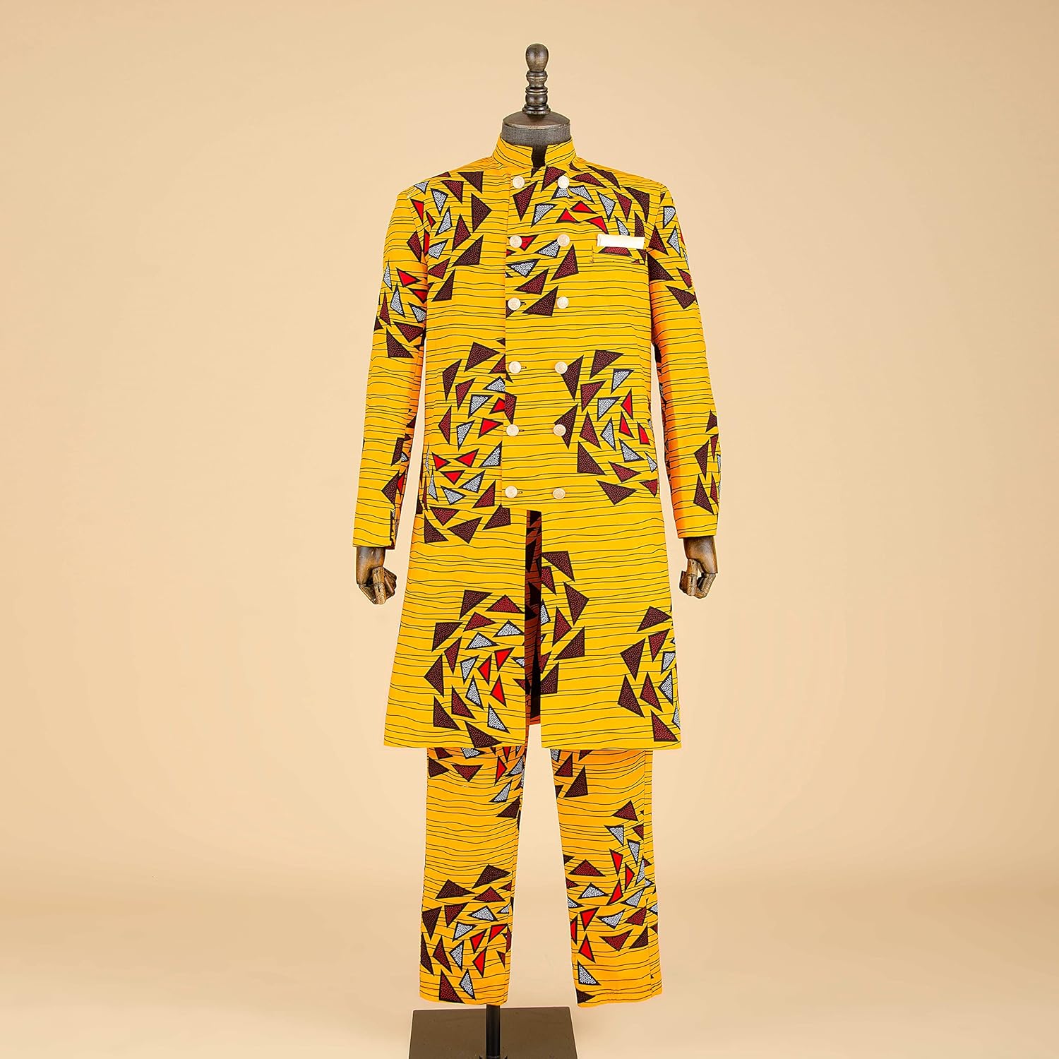 African Suit for Men Dashiki Long Jackets and Pants 2 Piece with Kerchief Double Breasted Slim Fit