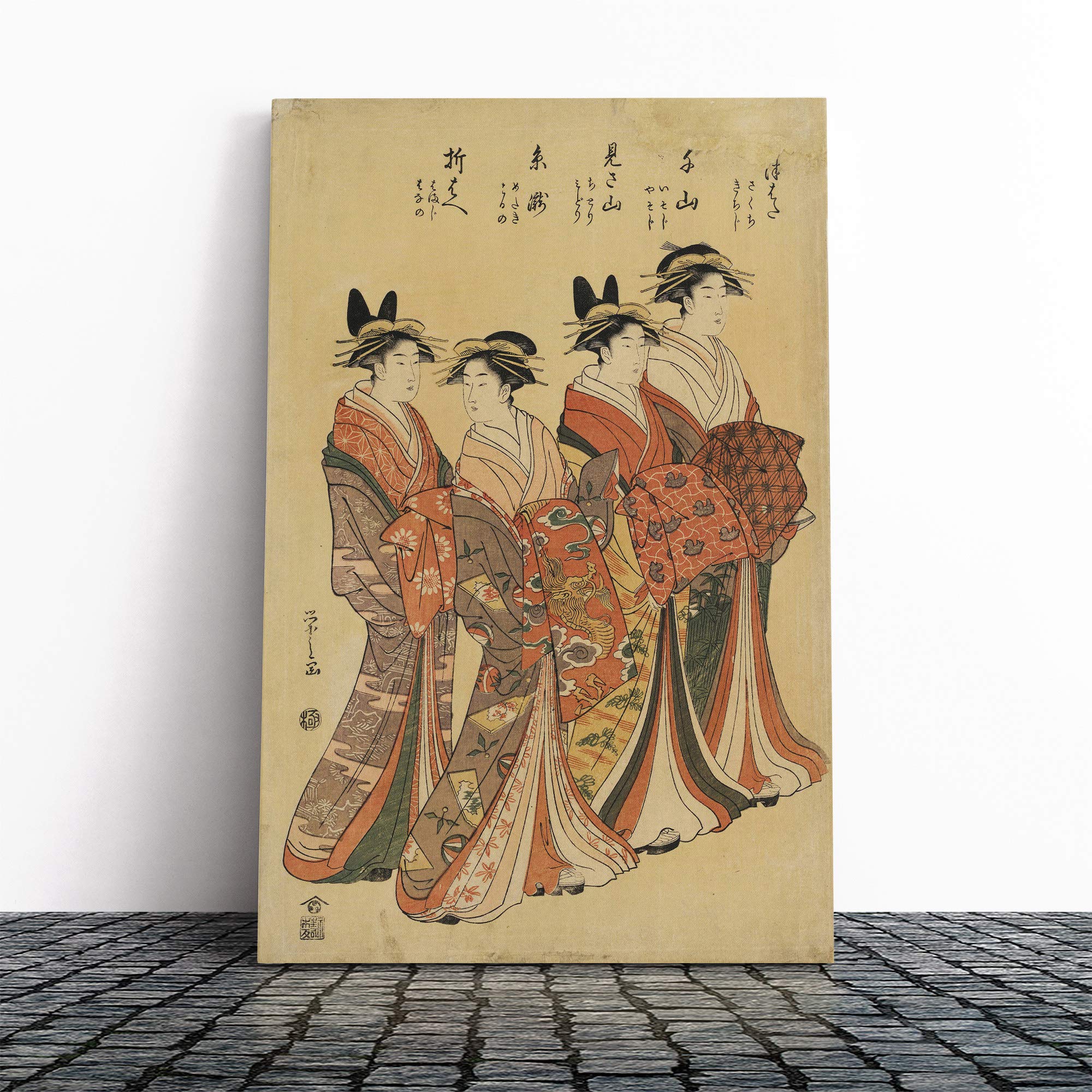 Wall Courtesans Japanese Oriental Art Canvas Print | Gallery Wrapped 30mm Frame Wall Art | 24x16 inches | Ready to Hang | Asian Picture | Living Room Bedroom Lounge Office