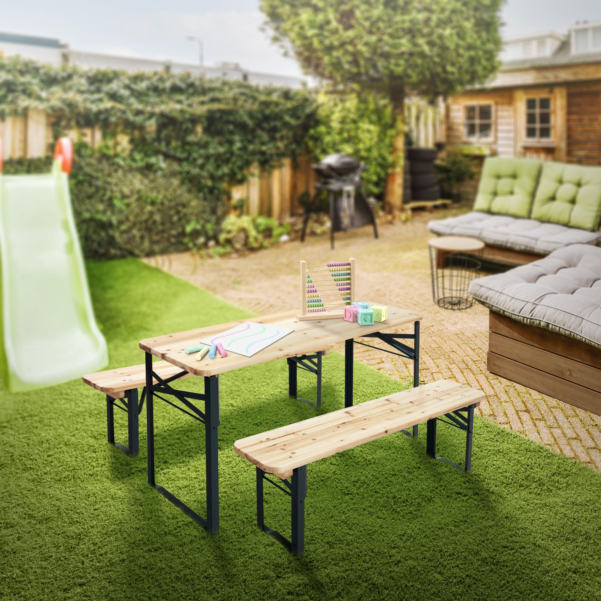 ML-Design Set da Picnic per Bambini 3 Pezzi Pieghevole Naturale/Verde Legno Massello e Metallo Set con Tavolo e 2 Panche per Esterno Arredo Giardino Tavolo da Festa per Bambini Gruppo Sedute da Picnic