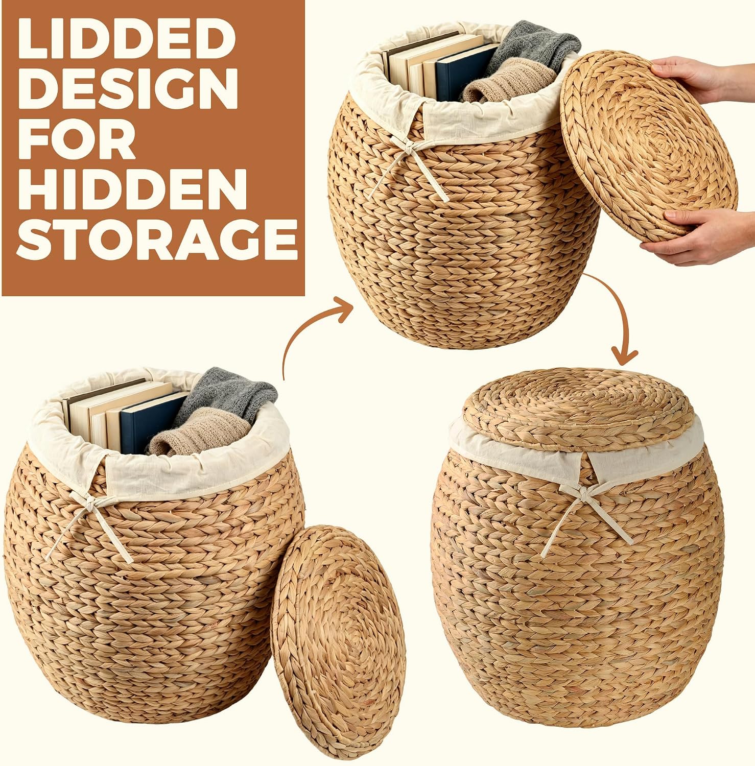 Storage Standard Wicker Basket with Lid Decorative Storage - Large Blanket Basket for Living Room, Plants, Organization, Handwoven Water Hyacinth Material w/Removable Cotton Liner & Tall Round Design