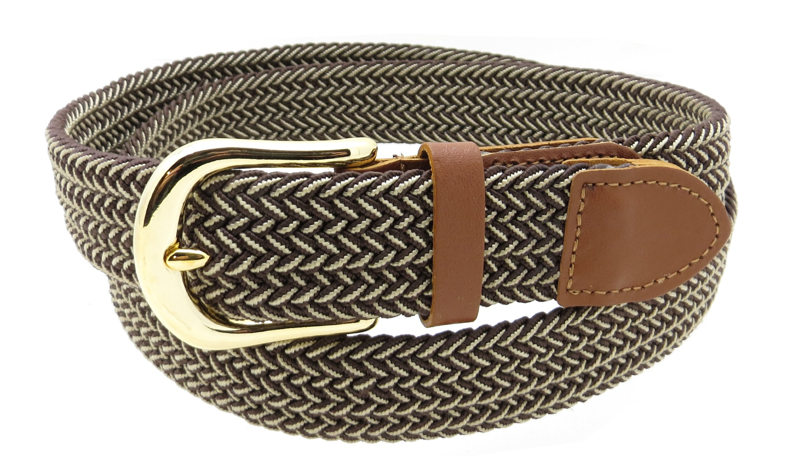Brown & Beige Braided Elastic Stretch Leather Tipped Belt Gold Buckle