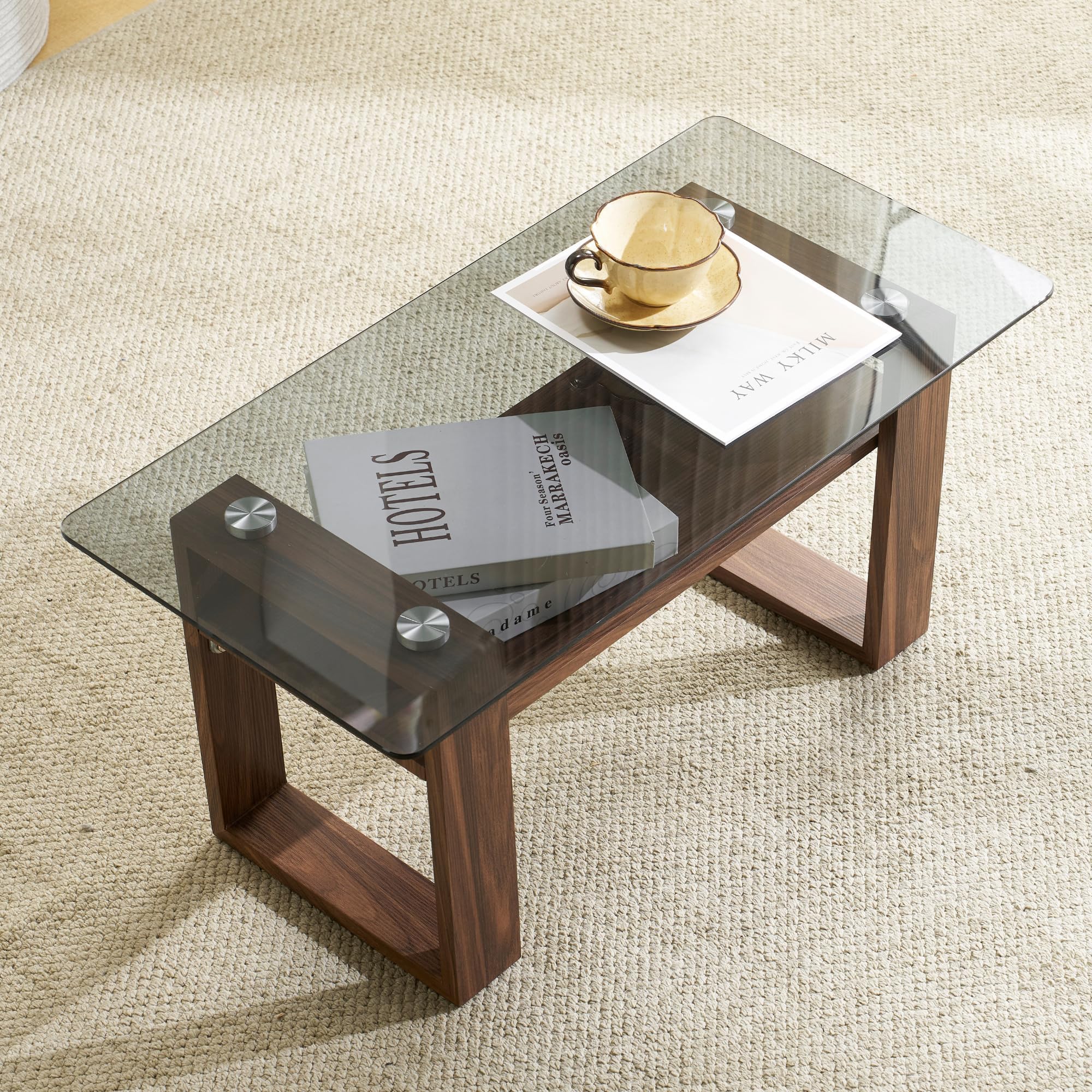 【Dark Brown】OSJ Glass Table, Low Table, Coffee Table, Width 31.5 x Depth 15.7 x Height 15.2 inches (80 x 40 x 38.5 cm), with Storage Shelf, U-shaped Legs, Tempered Glass Top, Clear, Stylish, Compact
