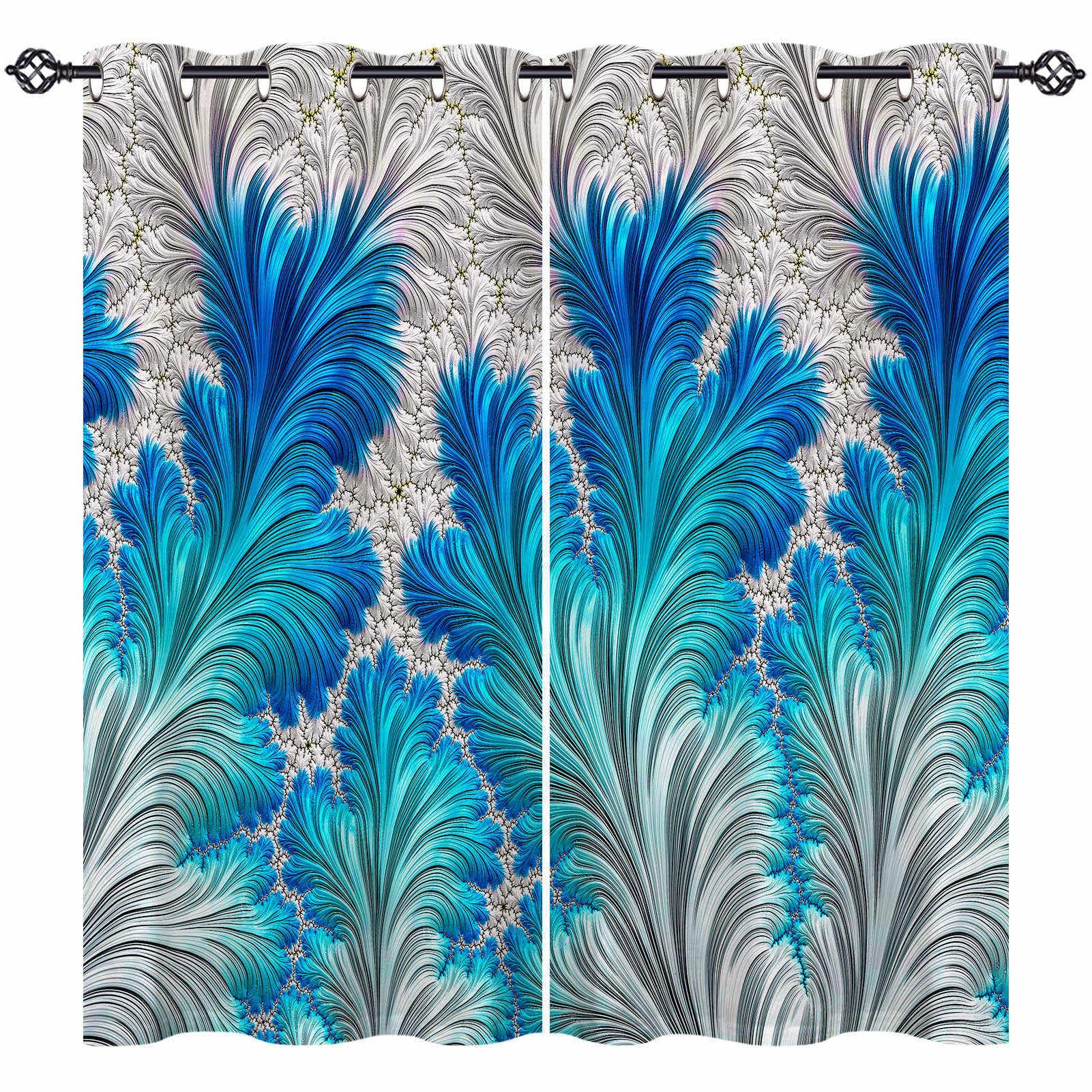 ANHOPE Abstract Curtains Eyelet Thermal Insulated Ring Top 80% Blackout Curtains with Fractal Flower Geometry Wave Turquoise Print Pattern Window Drapes for Bedroom Living Room 55 x 69 Inch 2 Panels
