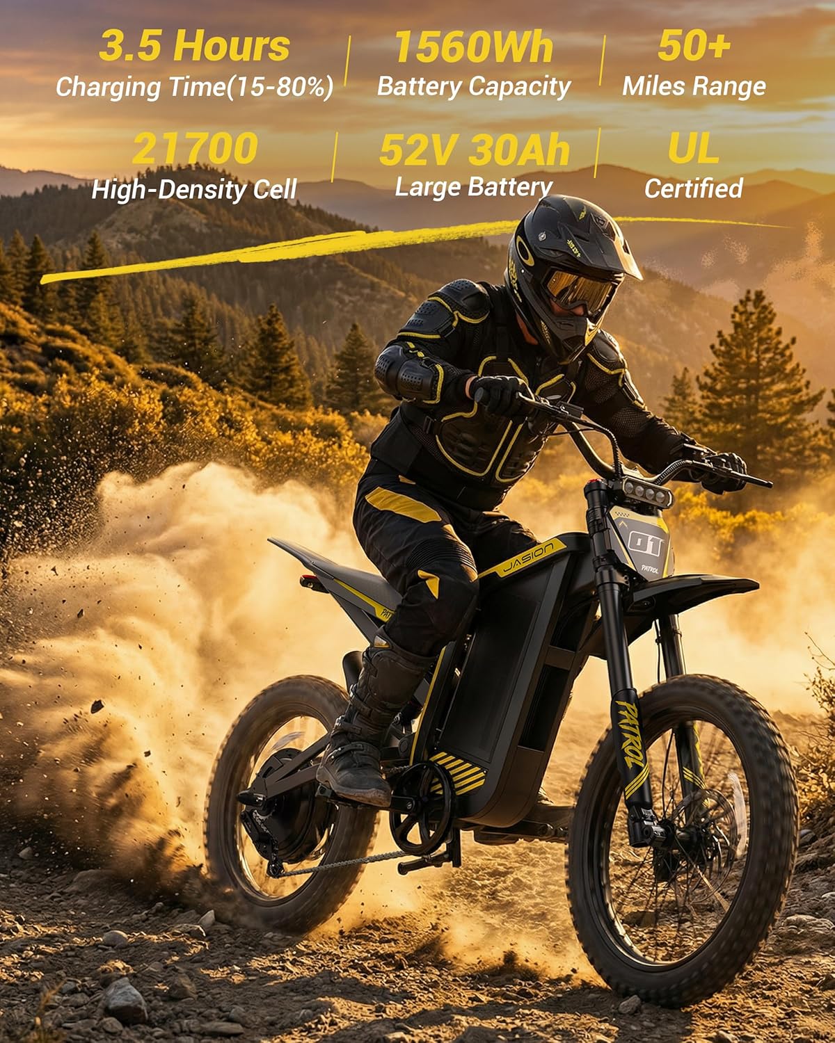 Jasion Patrol Electric Dirt Bike for Adults&Teens,4000W Peak 40MPH Electric Bike with 52V 30AH 1560Wh Battery E Dirt Bike,50-Mile Range,19''/17''Off-Road Tires,Full Hydraulic Brakes&Dual Suspension