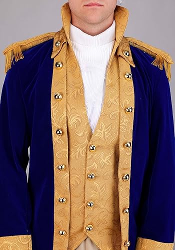 Vista 4 de George Washington - Disfraz colonial para hombre, chaqueta de terciopelo azul, chaleco, pantalones, sombrero, ascot, botas