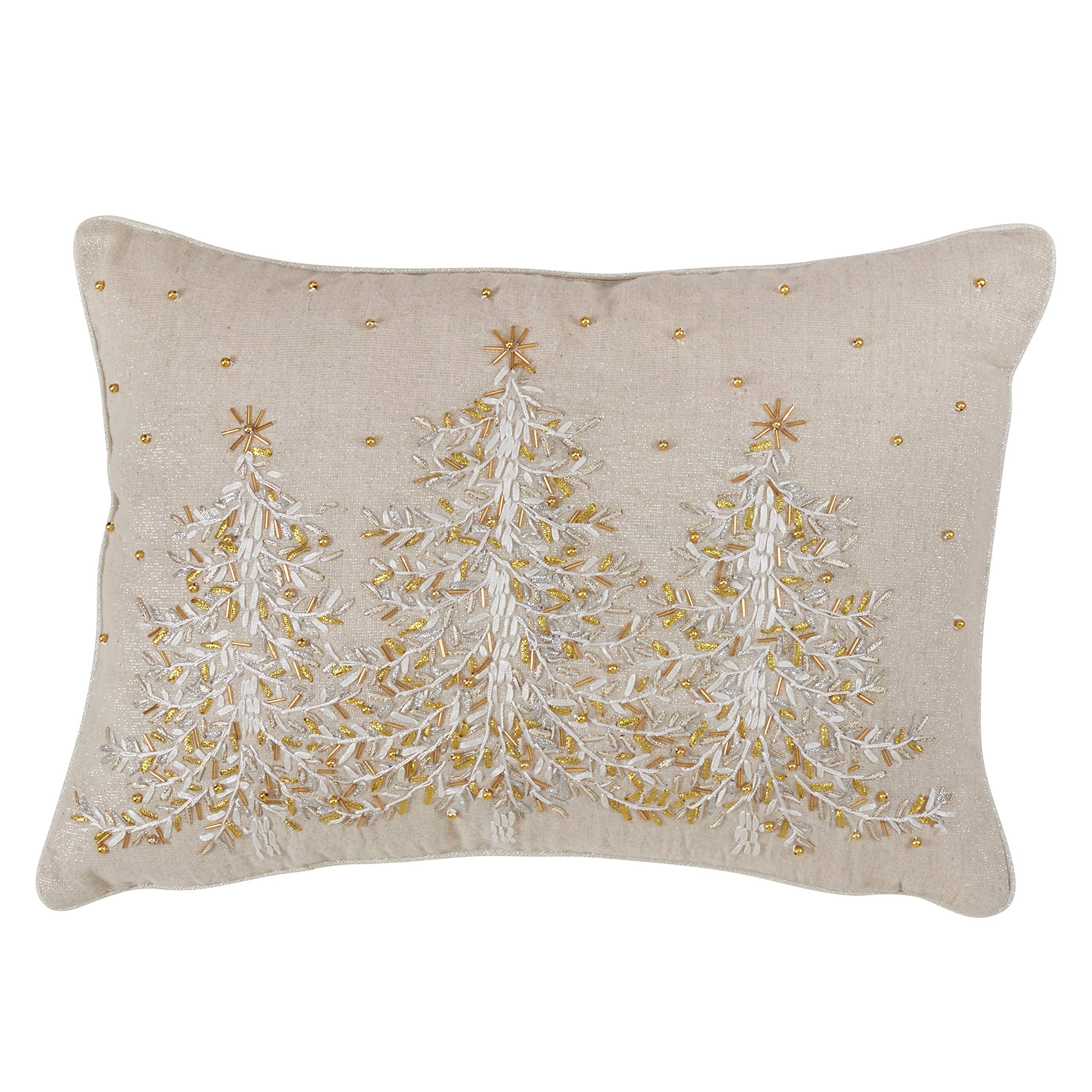 SARO LIFESTYLE L'hiver Design Poly Blend Embroidered Christmas Tree Pillow With Down Filled, 14" x 20", Natural