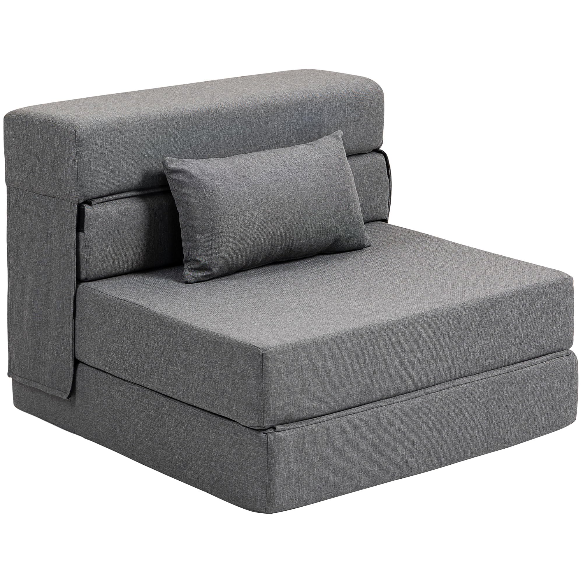 HOMCOM Fauteuil Convertible 1 Place 3 en 1, Fauteuil lit Pliant, chauffeuse 1 Place en Lin avec Large Assise, Coussin Inclus, Matelas Pliable 210 cm pour invités, Salon, Petit Espace, Gris