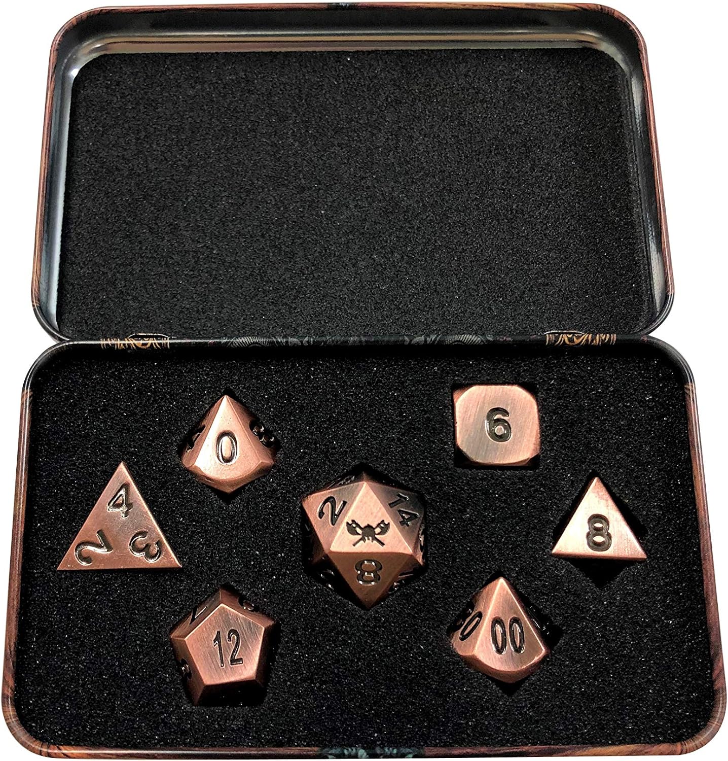SkullSplitter Dice- Metal Dice Set - Complete Polyhedral Dice Set for RPG DND and Other Table Top Games - Includes Cool Dice Case - Antique Brass Color with Black Numbering