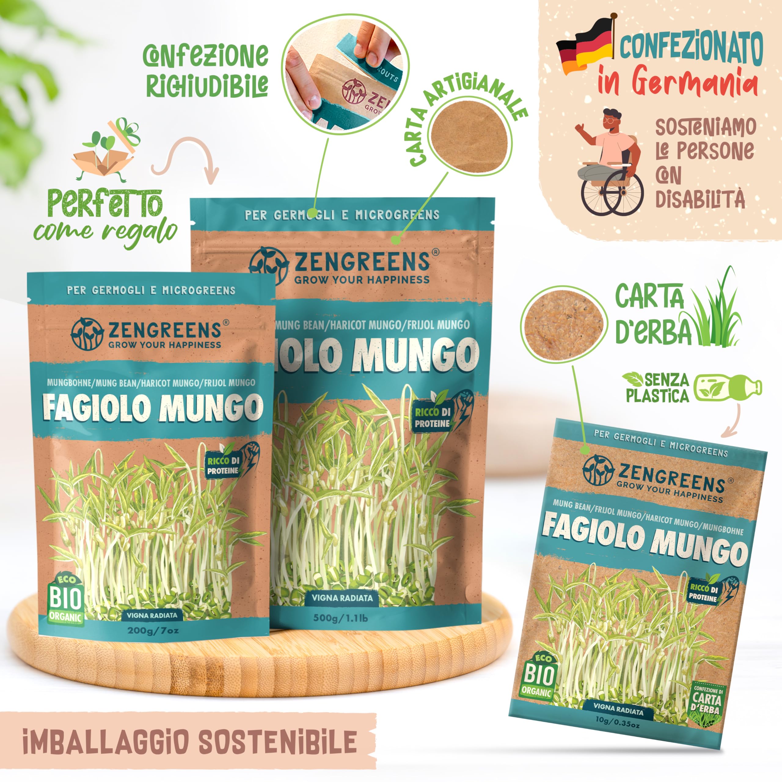 Set Germogli Biologici - 3 Semi (Alfalfa, Fagiolo Mungo, Ravanello) Con Barattolo Per Germogliare, Fatto In Germania