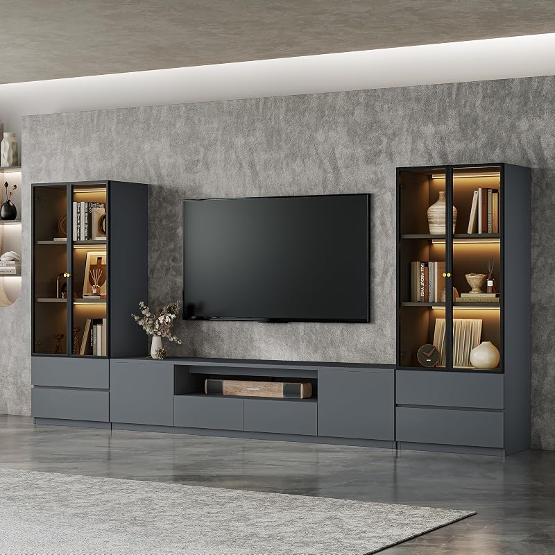 126" Gray Entertainment Center with Bookshelves and Storage for 75-in TV