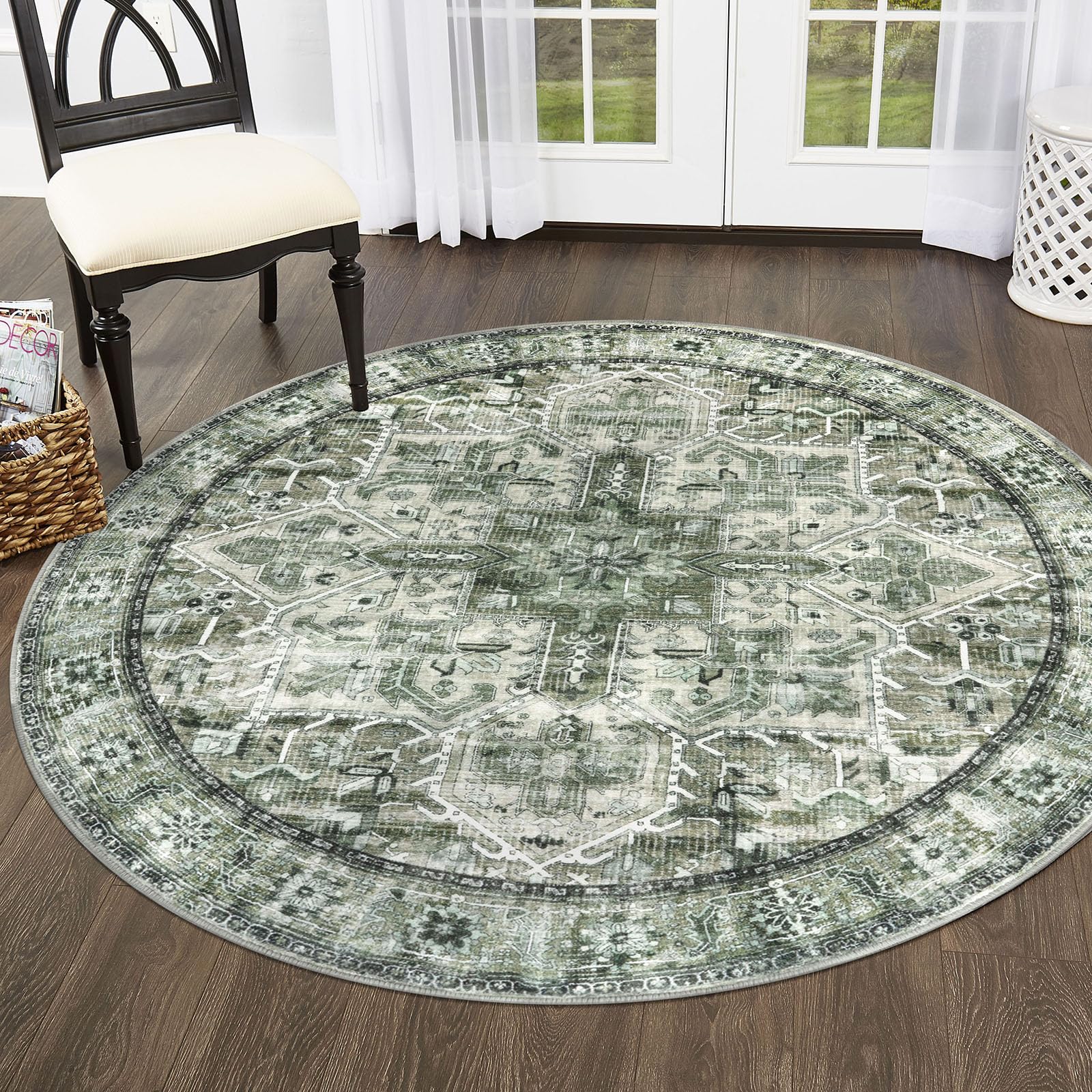 SIILOOM 5' Round Washable Rug for Entryway, Green Soft Printed Area Rug, Non-Slip Kitchen Rugs, Low-Pile Medallion Indoor Door Mat, Small Farmhouse