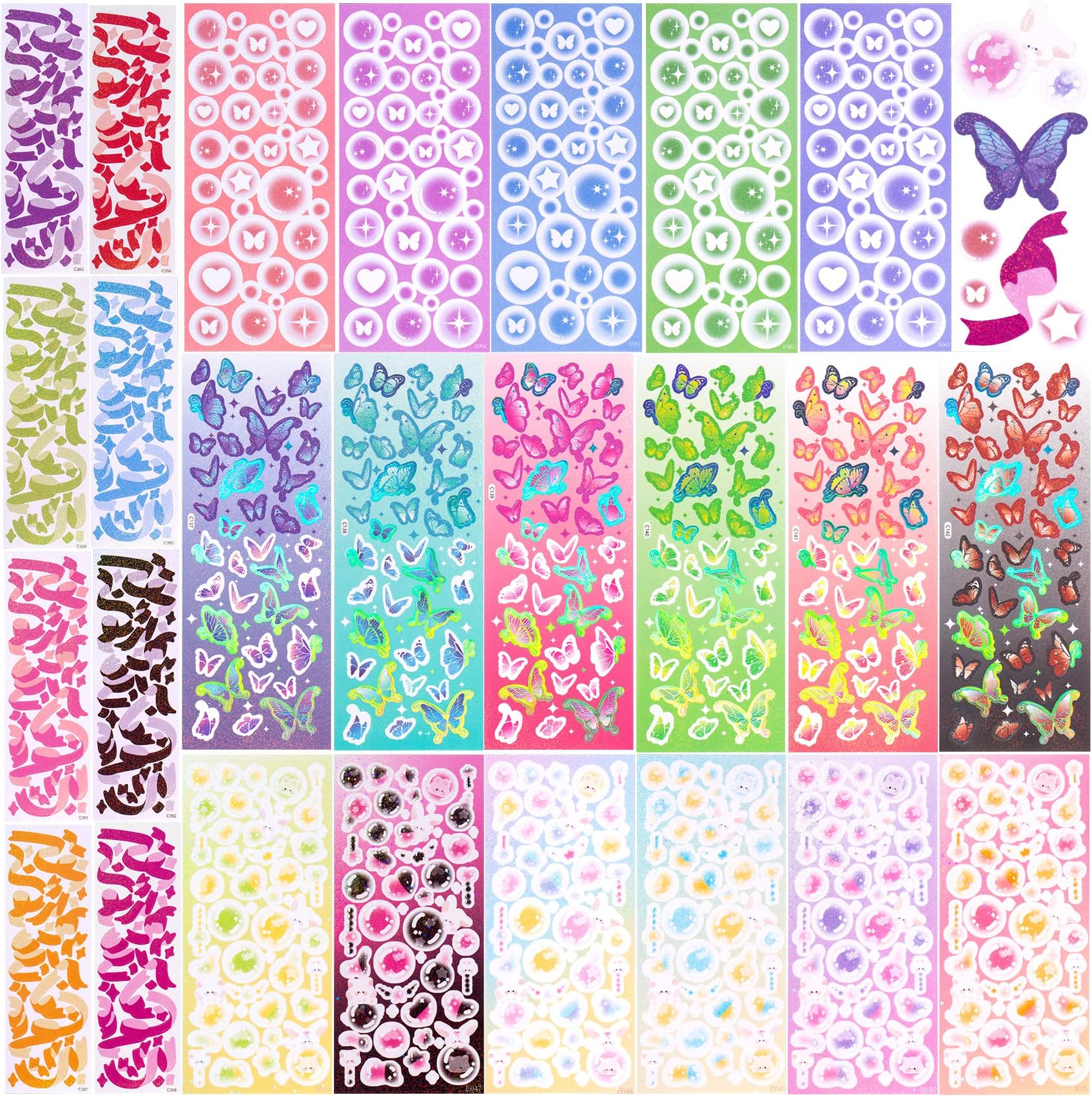 HINZIC 25 Sheets Kpop Deco Stickers for Photocard Colorful Korean Deco Stickers Cute Korean Stickers with Ribbon Butterfly Bubble Heart for DIY Arts Craft Cards Scrapbooking Gift (25 Sheet)