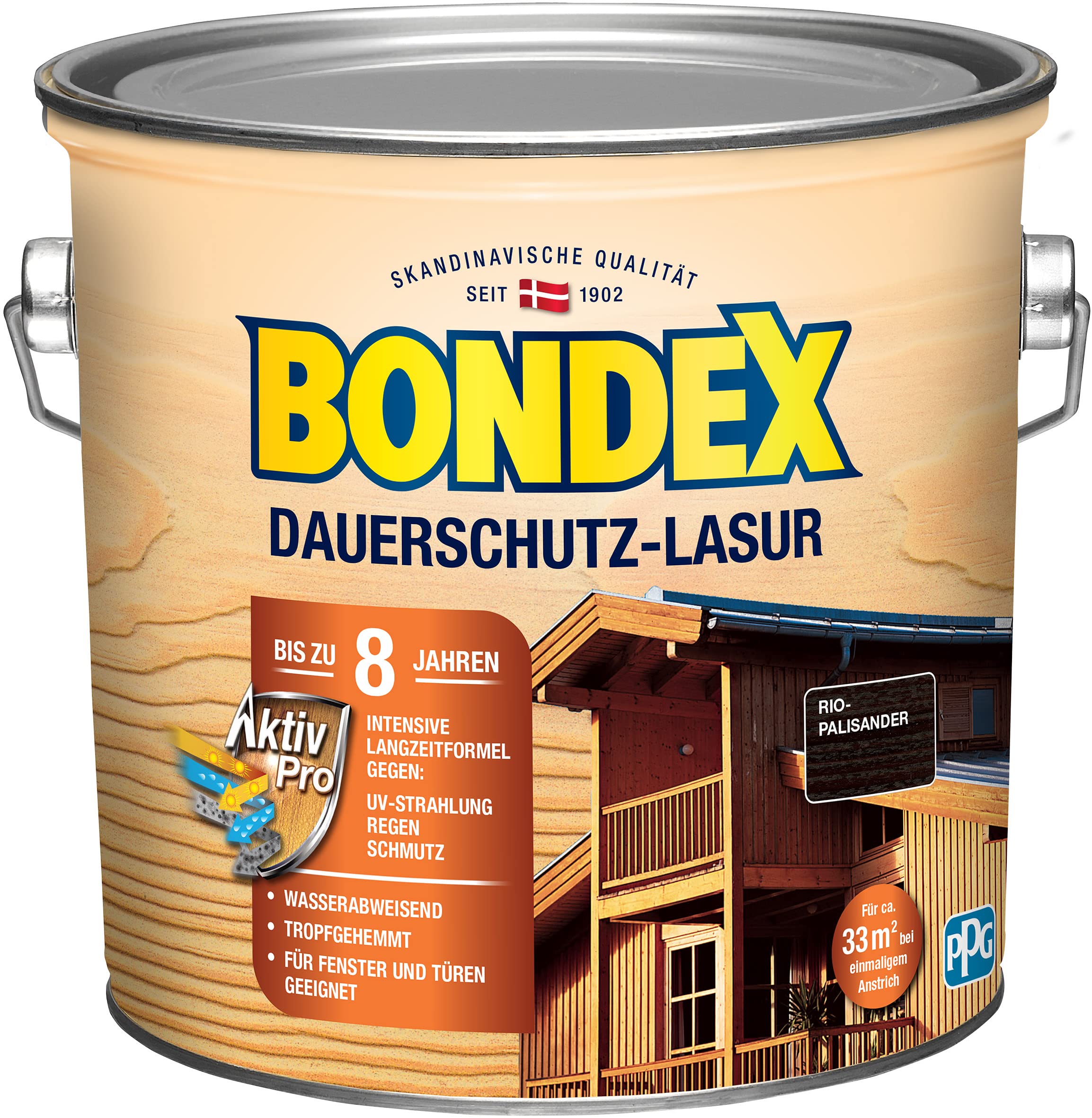 Bondex Dauerschutz Lasur Rio Palisander 2,5 L für 32 m² | Hoher Wetter- und UV-Schutz bis zu 8 Jahre | Tropfgehemmt | Natürliches Abwittern - kein Abplatzen | Dauerschutzlasur| Holzlasur