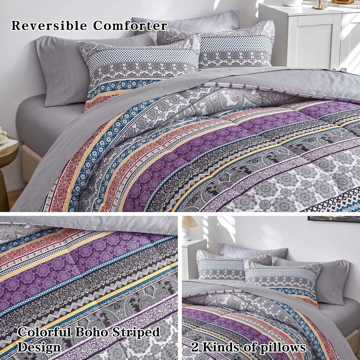 Flysheep Bohemian Bed in a Bag 6 Pieces Twin Size, Colorful Boho Purple Orange Gray Stripes Reversible Bed Comforter Set (1 Comforter, 1 Flat Sheet, 1 Fitted Sheet, 2 Pillow Shams, 1 Pillowcase) - Image 3