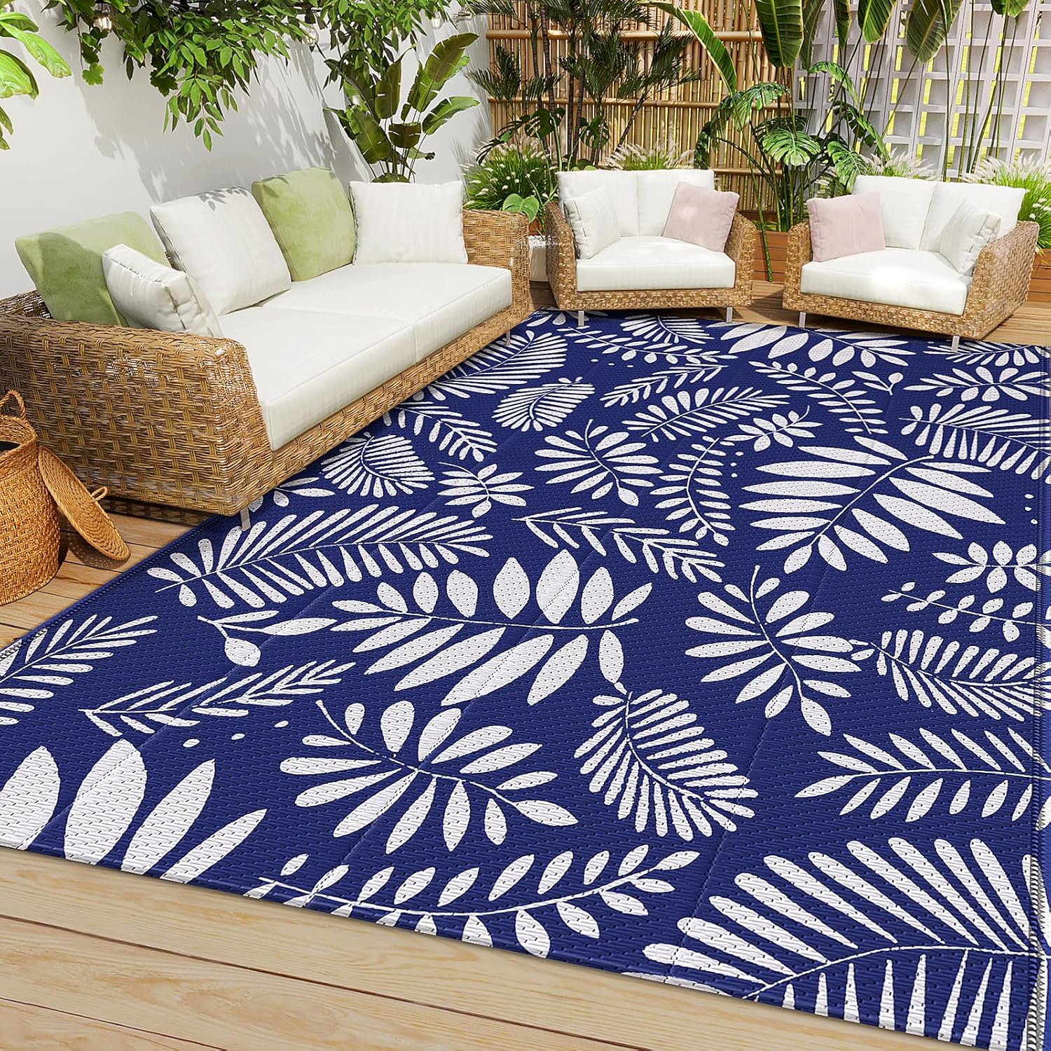 StepRite Outdoor Rug, Patio Rug, Plastic Straw Camping Rugs, Large Waterproof Area Rug and Mat for Outdoors, RV, Patio, Backyard, Deck, Porch, Beach, Balcony, (4'x 6', White & Blue)