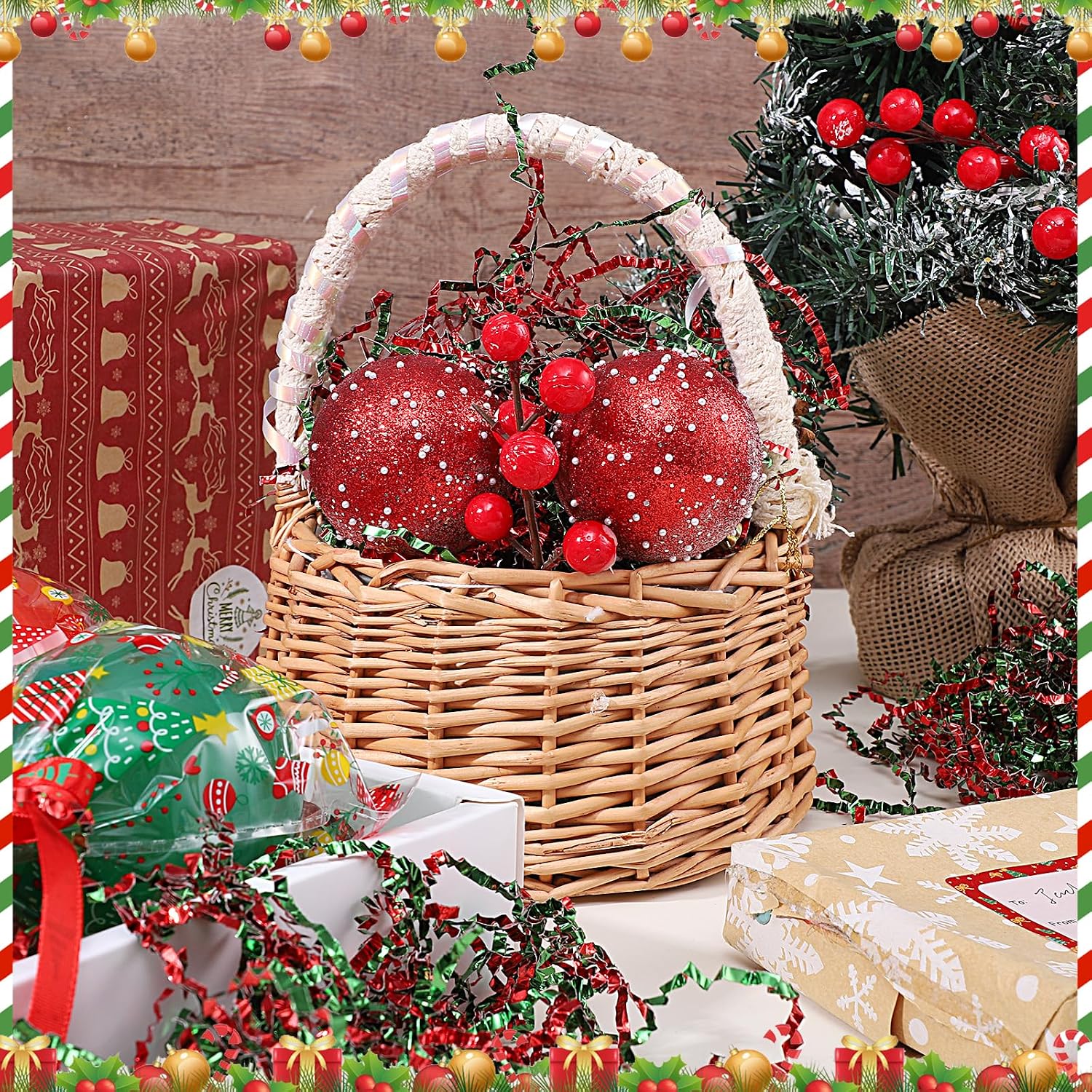 woric 2LB Christmas Crinkle Paper Filler, Red Green Crinkle Cut Paper with Various Christmas Confetti Shred Filler for Christmas Basket Stuffers Filling Gift Wrapping