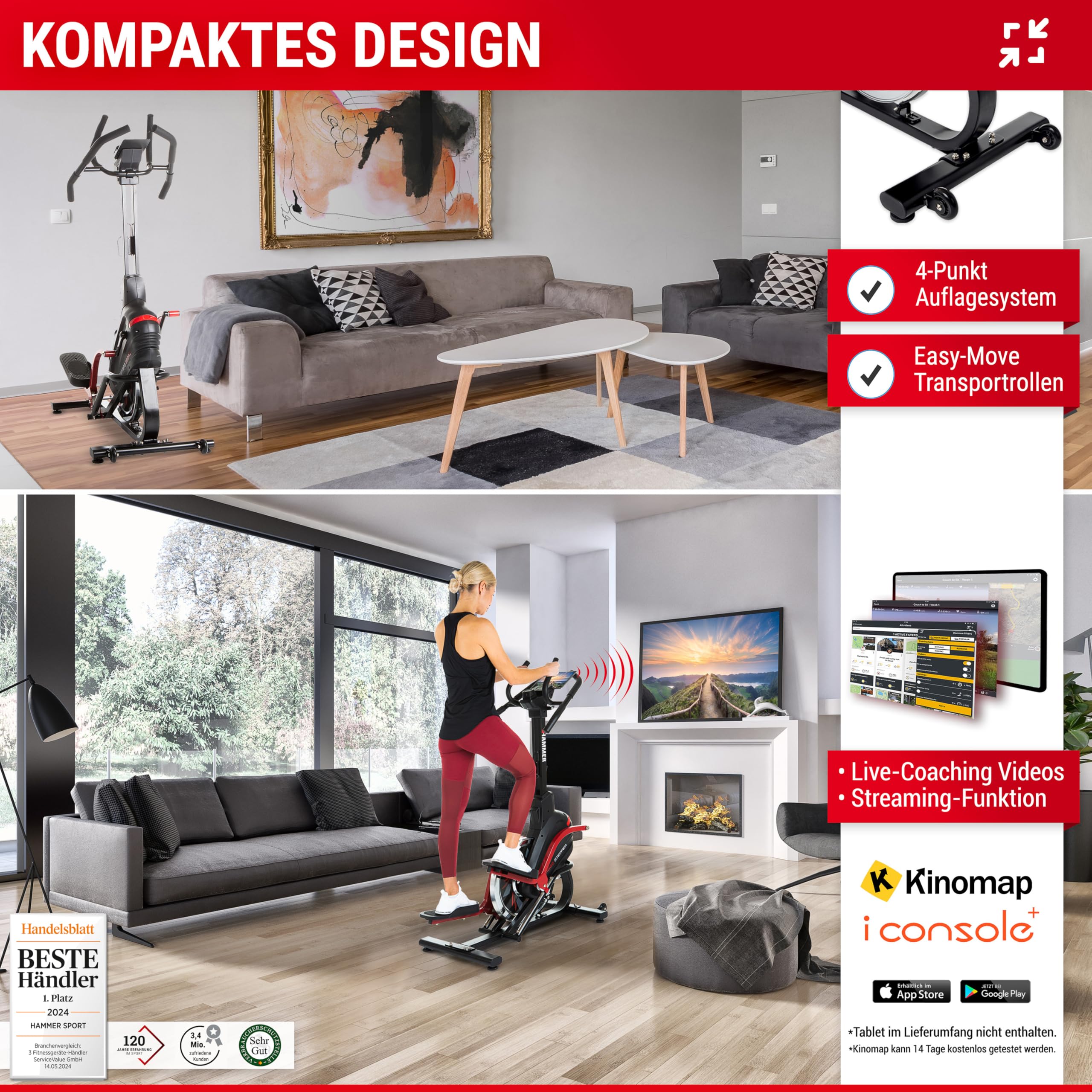 HAMMER Cross Stepper, Mix aus Crosstrainer- und Stepper-Workout, Tablet- und Smartphonehalterung, Fitness-Apps, max. Gewichtsbelastung 130 kg, 108 x 50 x 154 cm