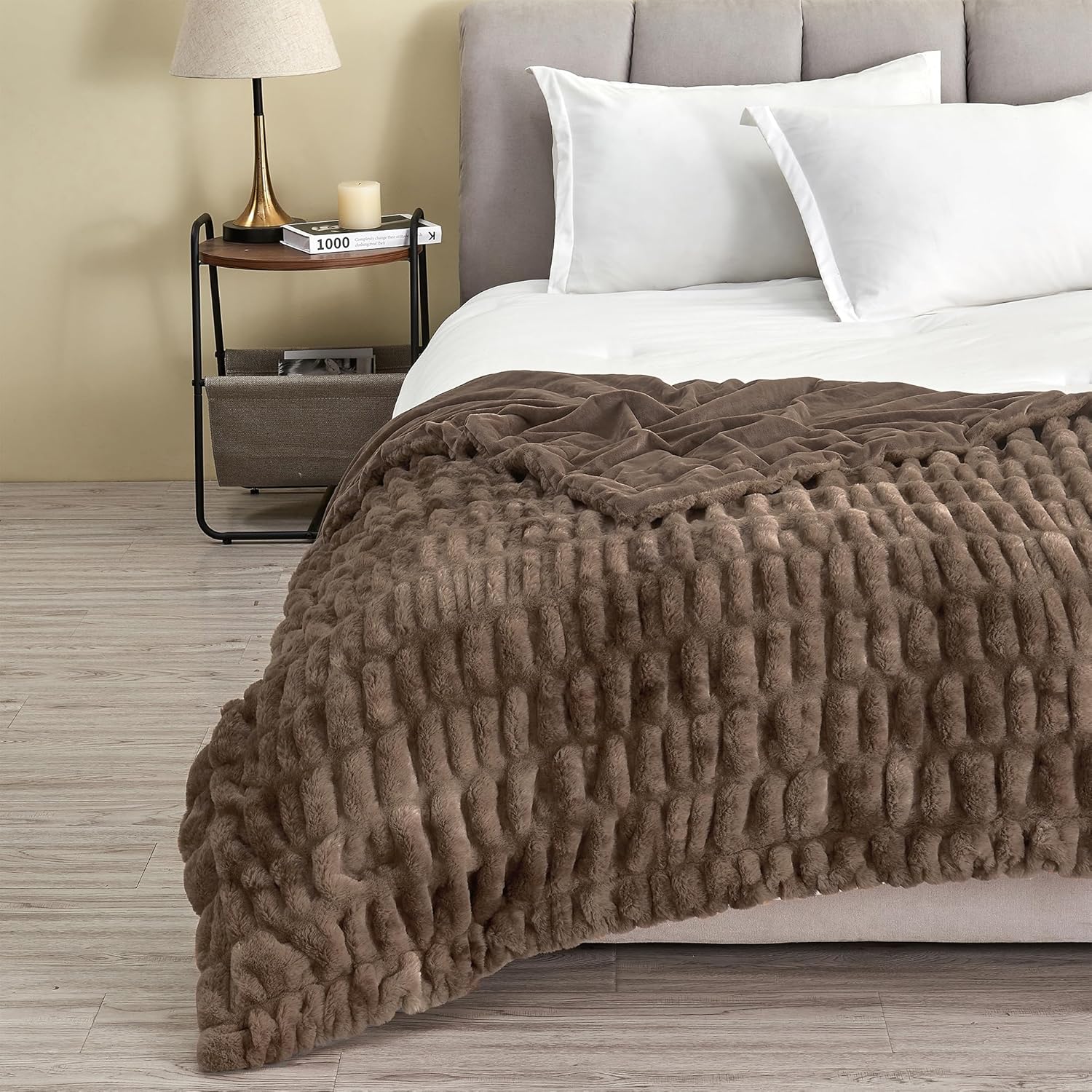 Great Bay Home Fuzzy Ruched Faux Fur Brown Throw Blanket