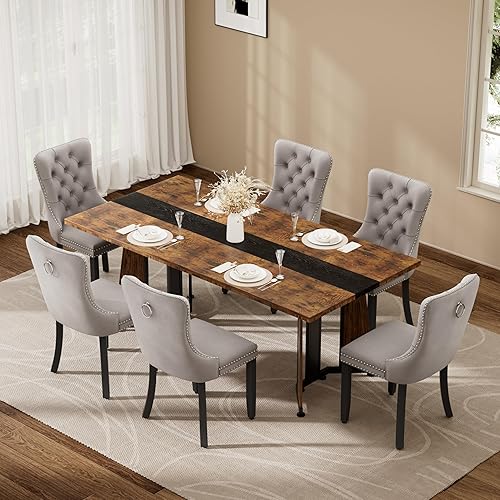 Miniatura 10 de Juego de mesa de comedor de 7 piezas con 6 sillas, mesa de comedor rectangular de madera de 71 pulgadas con sillas de comedor de terciopelo, tablero