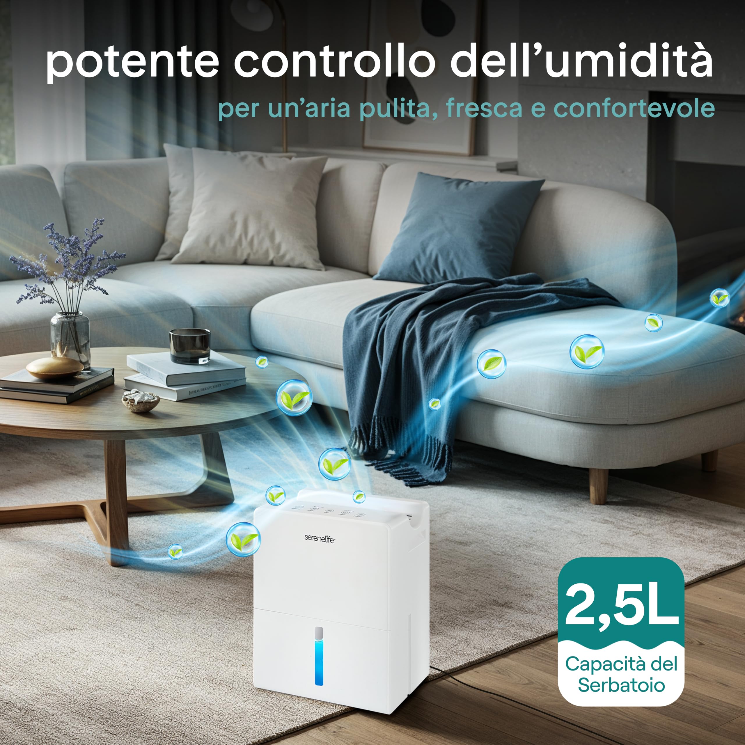 SereneLife Deumidificatore 2-in-1 Bianco 23 x 15 x 33 cm, Filtro Integrato, Serbatoio 2,7 L, Cilindro Removibile e Base Asciugatura, Timer, Modalità Sonno, Casa, Ufficio, Camera, Bagno, SLARP800WT