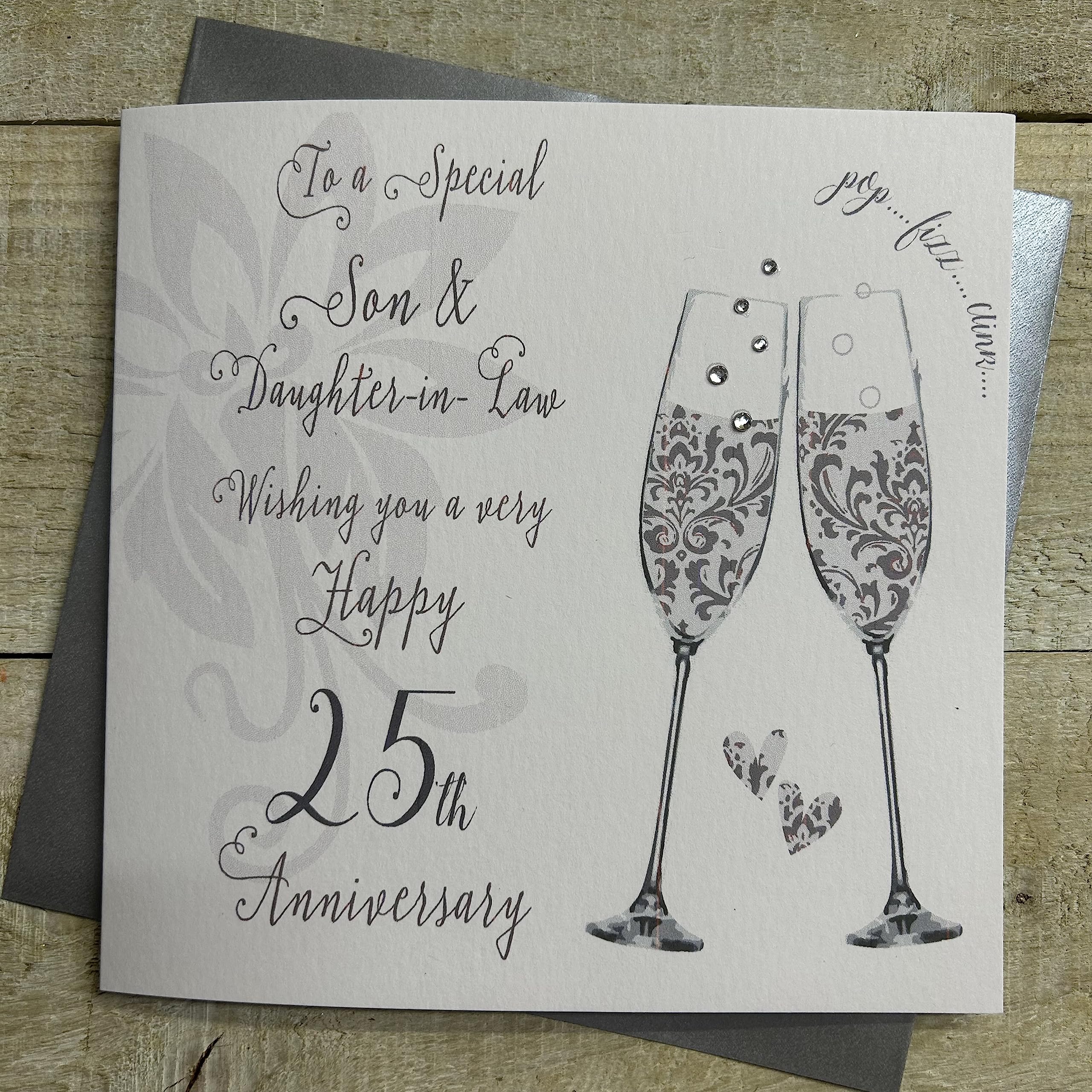 WHITE COTTON CARDS Son & Daughter-in-Law 25th Anniversary Card, Silver, Bubbles & Flutes Handmade DT125-SD