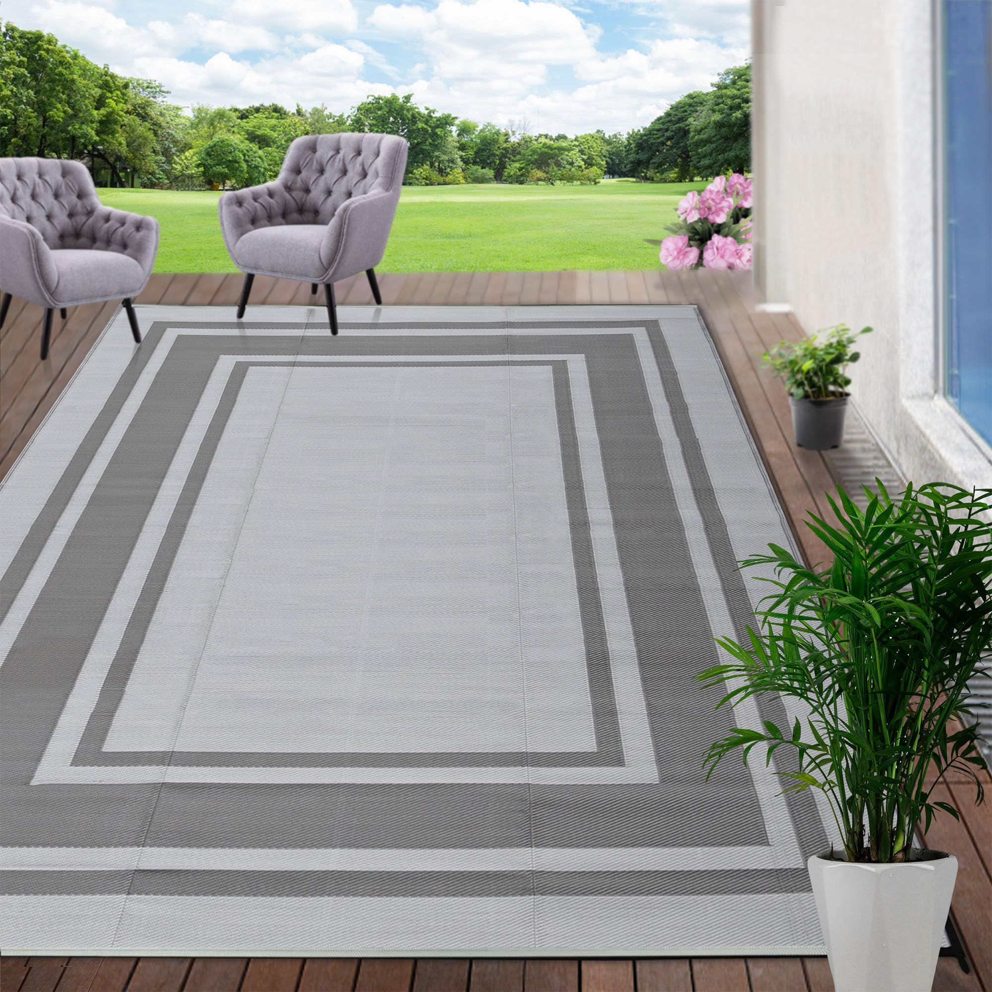 RURALITY Outdoor Rugs 8'x10' Waterproof for Patios Clearance,Plastic Straw Mats for RV, Camping,Backyard,Porch,Deck,Balcony,Reversible,Geometric