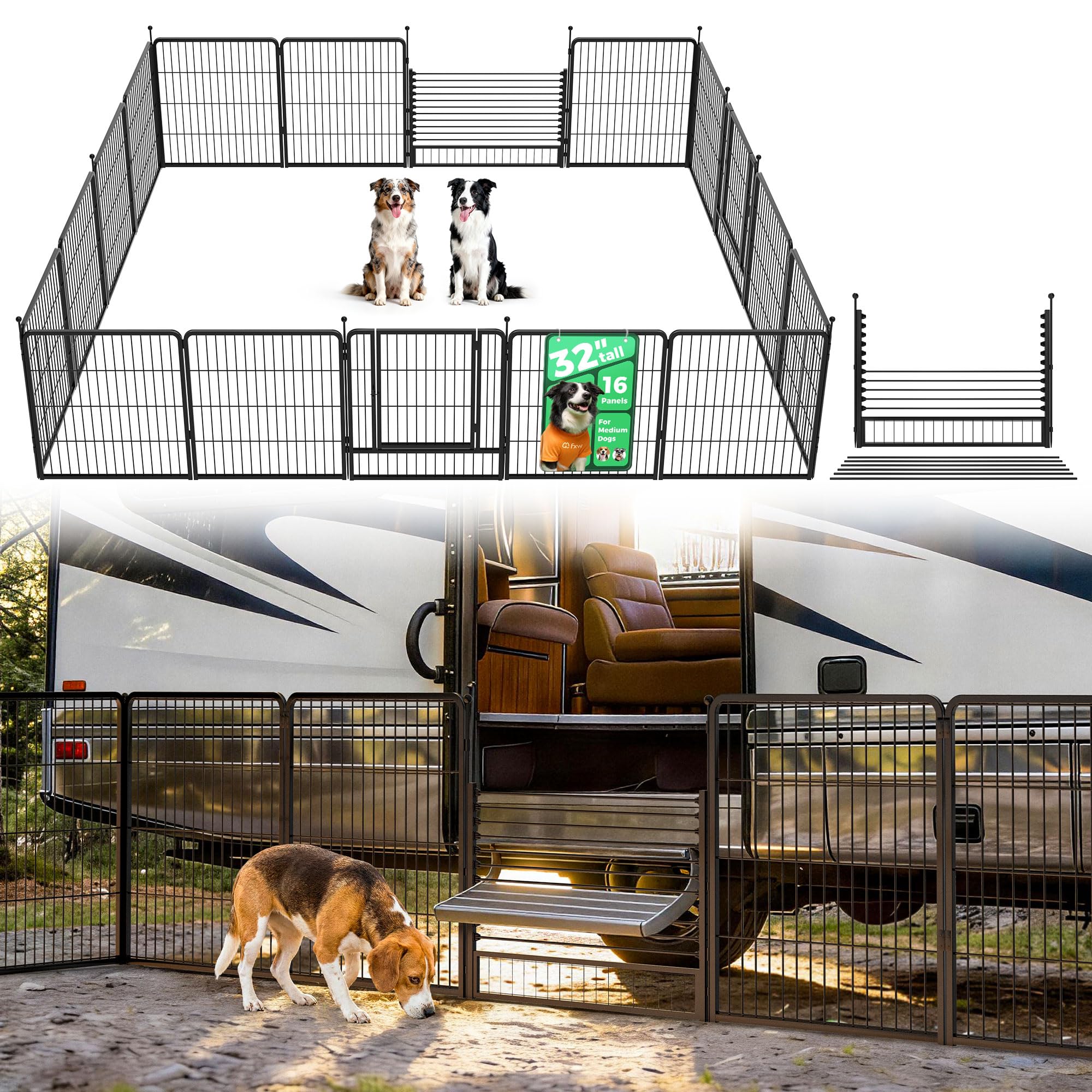 FXW Instant Dog Playpen with RV Step Grid for RV Camping, 32" H, 16 Panels