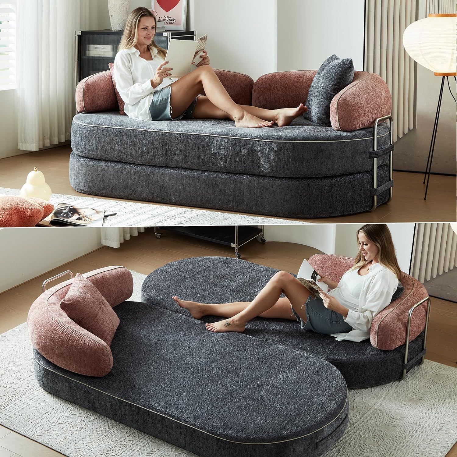 Convertible Sofa Bed with Fixed-Shape Frame, 4-in-1 Combination Folding Pull Out Couch, Futon Couch in a Box, Modular Floor Sleeper Sofa Bed for Living Room Bedroom (2 Pillows, PinkGrey)