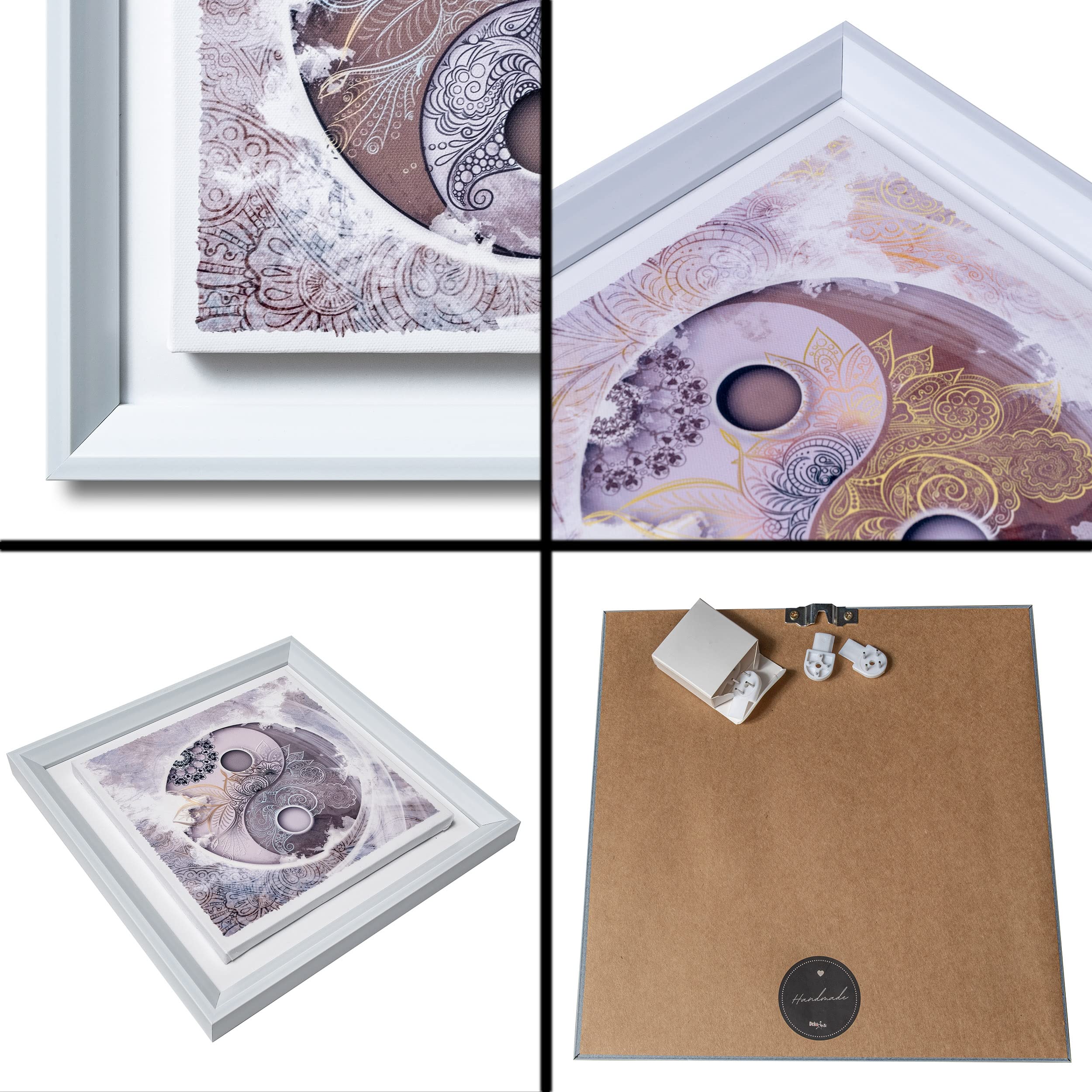 DekoArte - Cuadros Decoracion Salon Modernos YING YANG MANDALA 30x30 cm x4 piezas - Set de Cuadros con Marco Blanco.