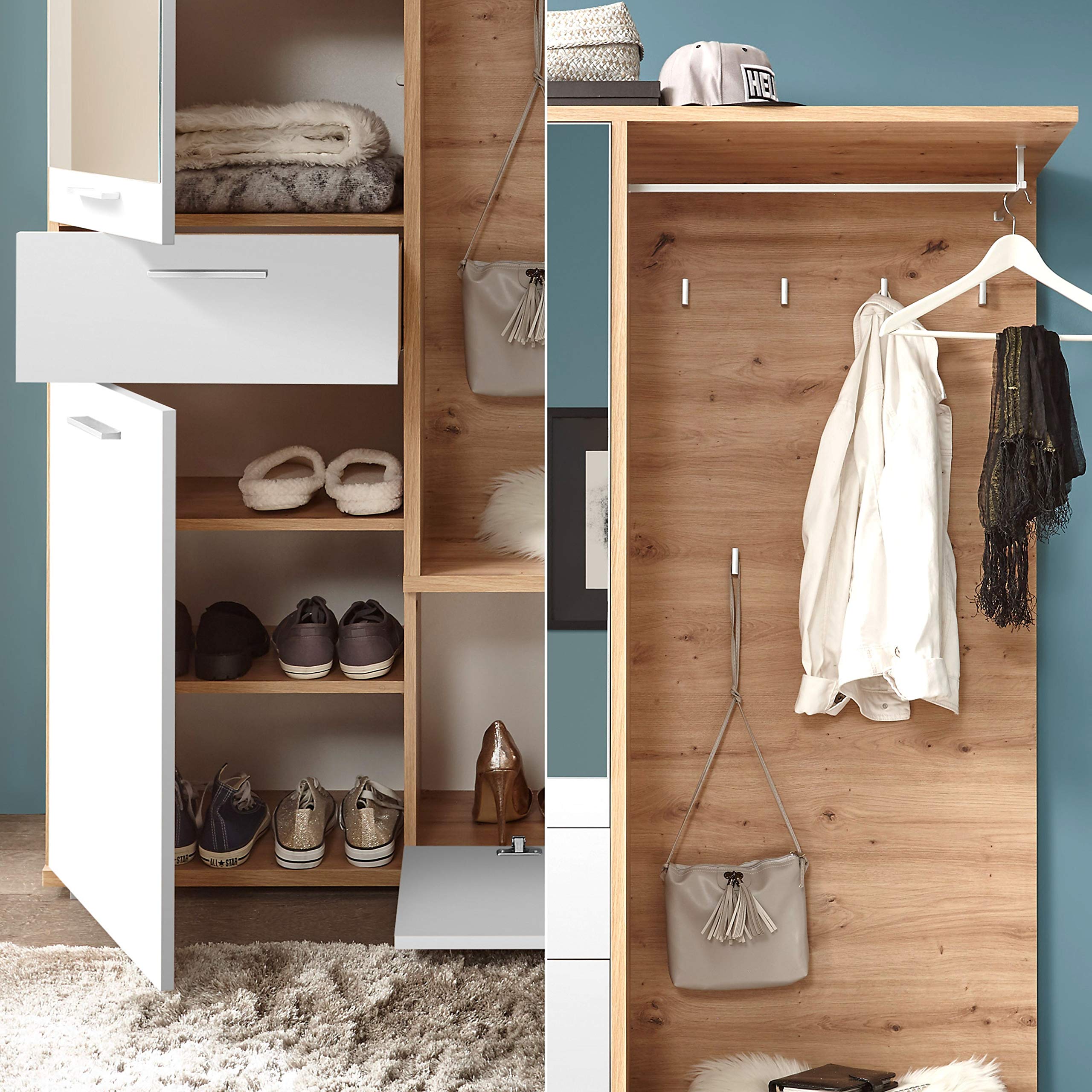 Stella Trading Entra Ensemble de vestiaire d'entrée en Aspect chêne Artisan, Blanc - Vestiaire Compact stylé avec Miroir pour Votre entrée - 117 x 198 x 38 cm (L/H/P)