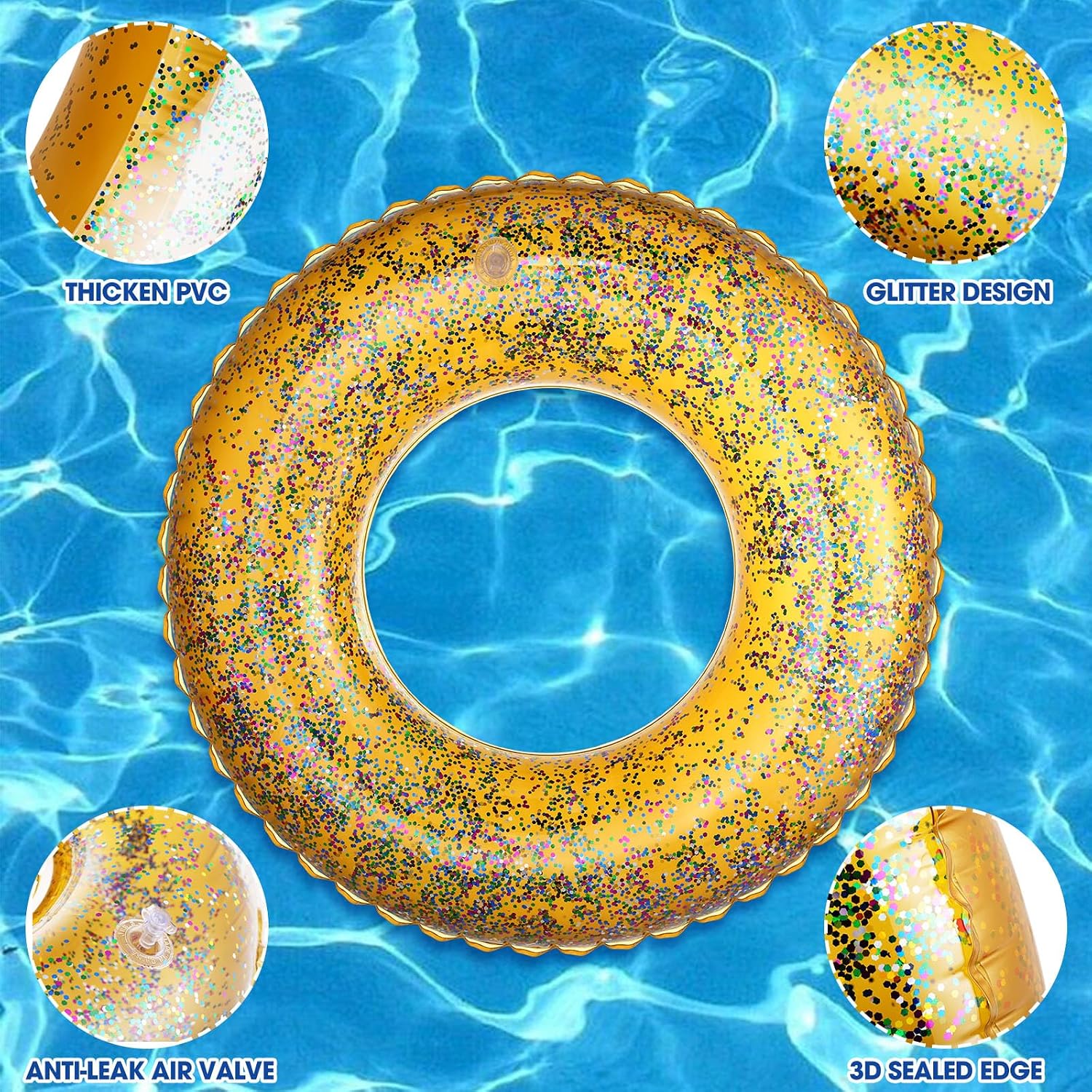 Wettarn 8 Pcs Inflatable Pool Floats Toys Swim Tubes Rings for 5-9 Year Old Kid Inner Glitter Ring Tube Bulk Swimming Pool Party Decorations for Boys Girls Outdoor Summer Beach Swimming(Gold) image 3
