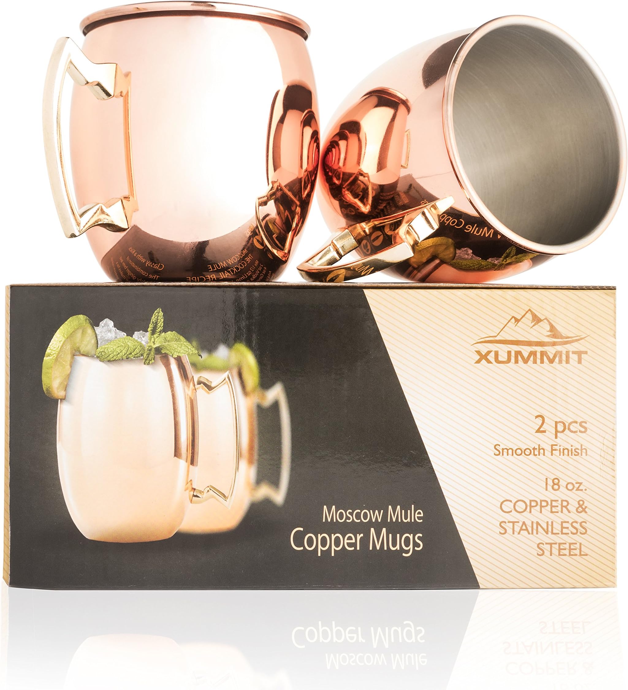 Stunning Smooth Moscow Mule Copper Mug/Cup with Golden-Hued Handle - 18 Oz (Set of 2)