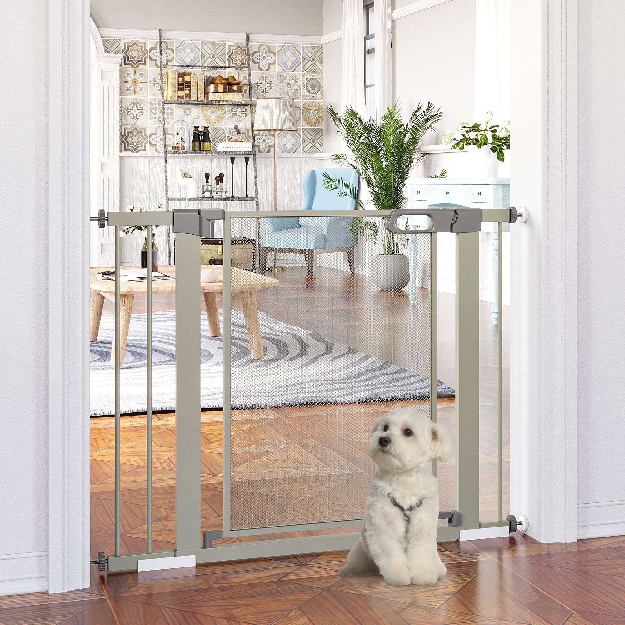 PawHut - Barrera de seguridad para animales domésticos con cierre automático doble bloqueo ancho 75-103 cm, color gris | para mascotas domésticas, doble bloqueo