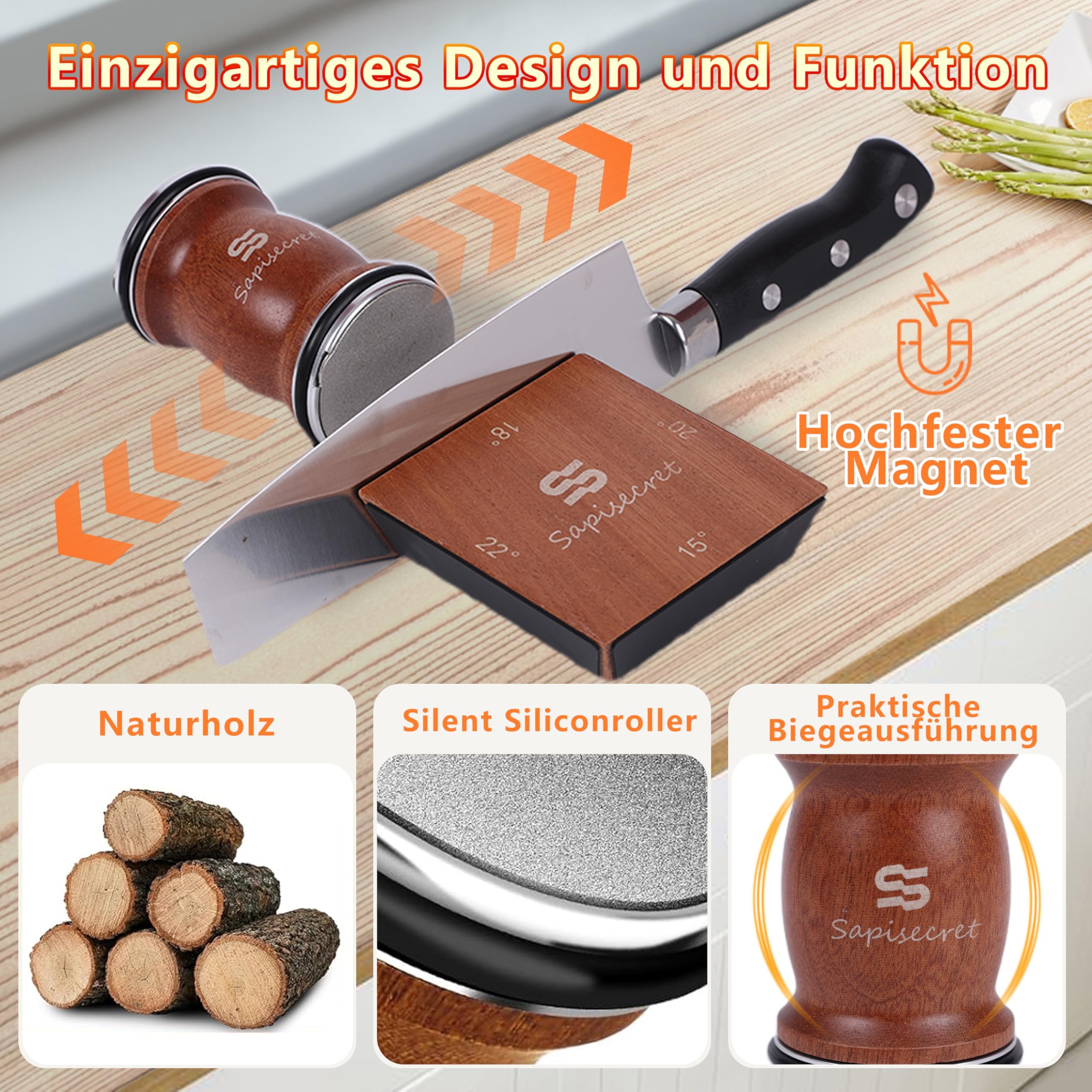Rollschleifer Messerschärfer – Manueller Schnellschärfer für kleine Messer, Küchenmesser Set, Sapele Holz, 12°/15°/20°/25° Winkel, austauschbare Schleifscheiben 400/1000 – Sapisecret