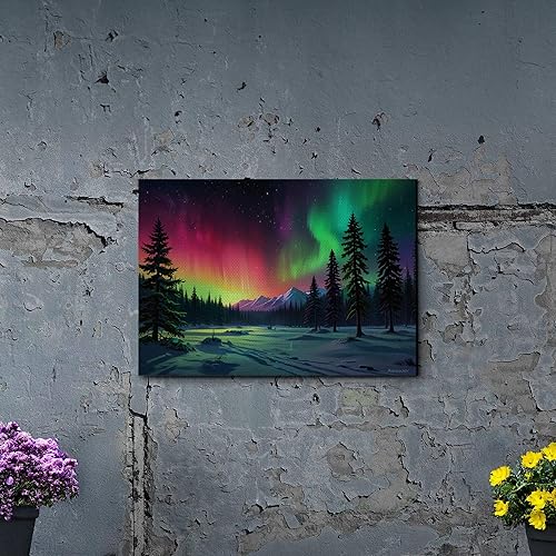 Miniatura 3 de Aurora Borealis, Northern Lights Art, framed canvas print, snow capped mountain landscape art, synthwave vaporwave, Wall Art Living Room, Decor