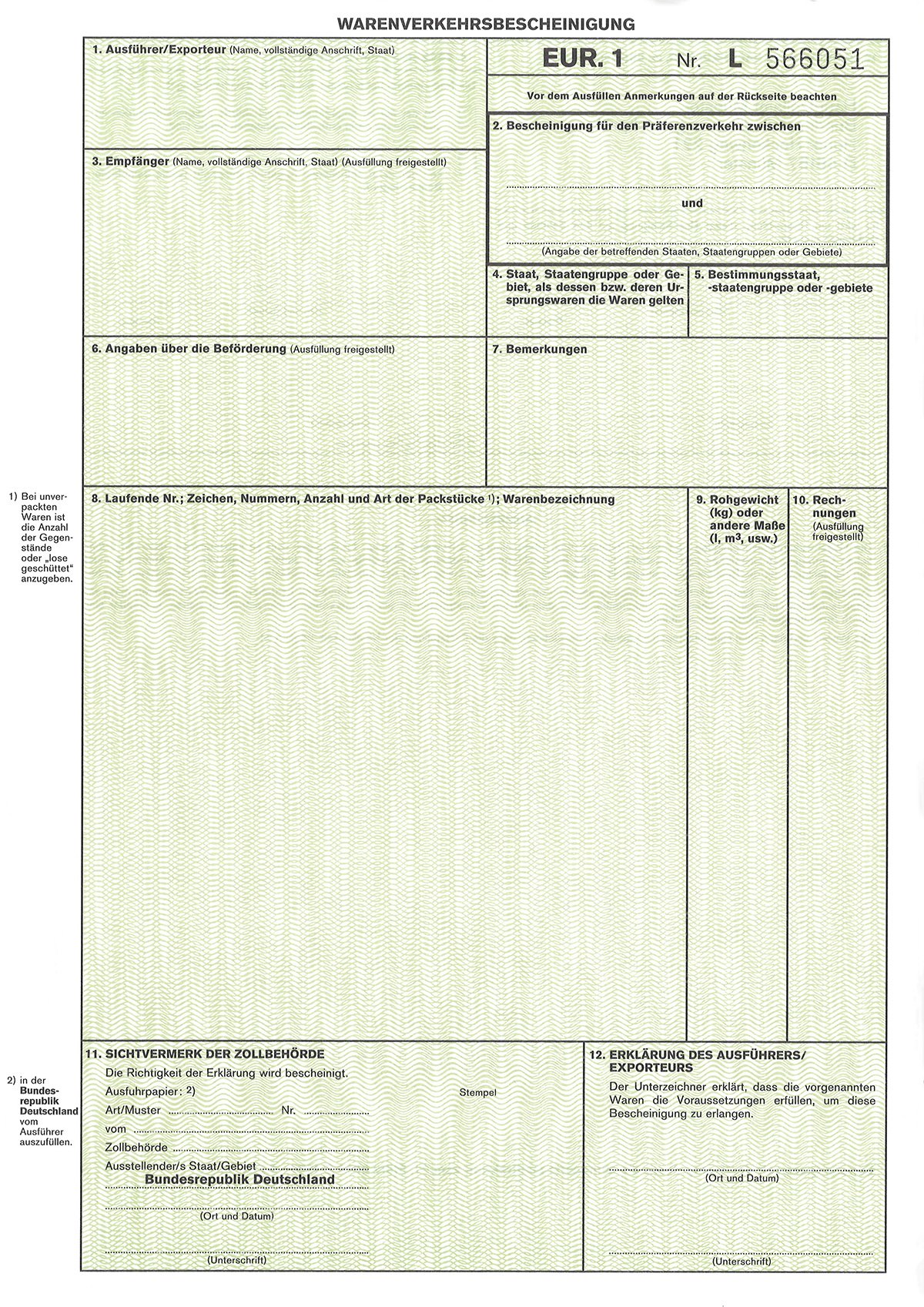 RNKVERLAG 2271L - Warenverkehrsbescheinigung EUR.1, 2 Einzelblatt, DIN A4, 50 Stück