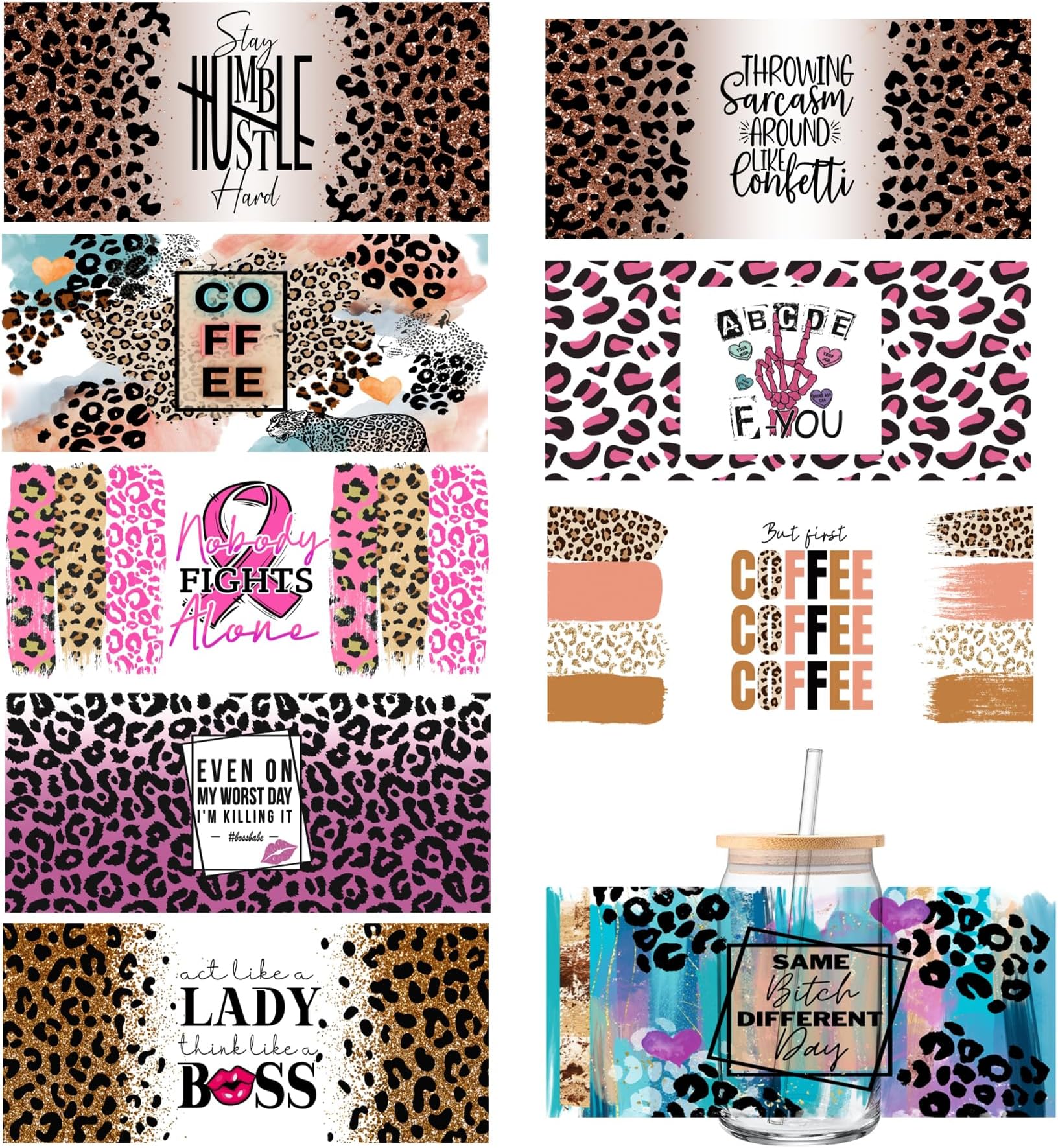 GUNKY UV DTF Cup Wrap, 9Sheets Leopard Print Rub on Transfers for Crafting 16OZ Libbey Glass Cups Wrap Transfer Stickers Decals Waterproof Crafts Vintage, Brown,pink