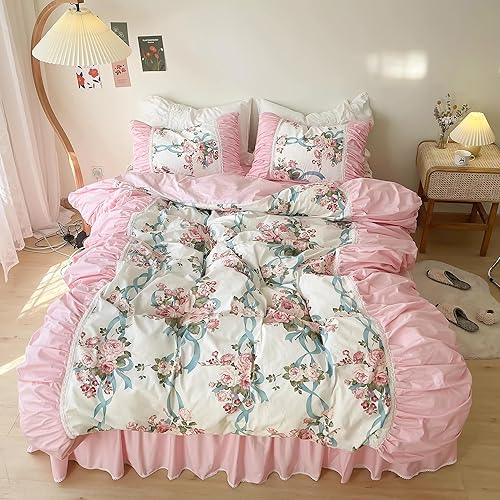 Miniatura 10 de LELVA Juego de funda de edredón vintage con diseño de arrugas, ropa de cama romántica con volantes para niñas, 4 piezas, falda de cama rosa