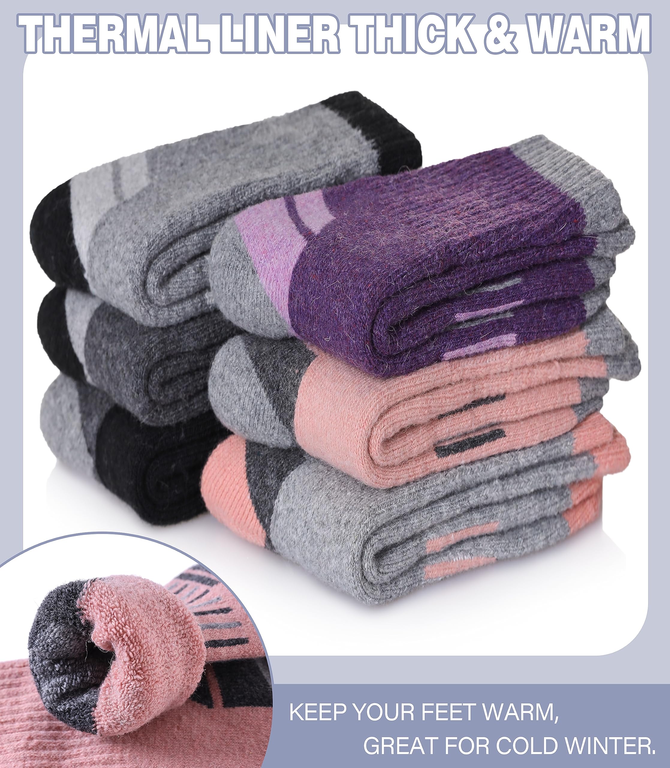 Calcetines de senderismo de lana merino para niños y niñas, calcetines cálidos de invierno con almohadilla térmica gruesa, regalo de 6 pares