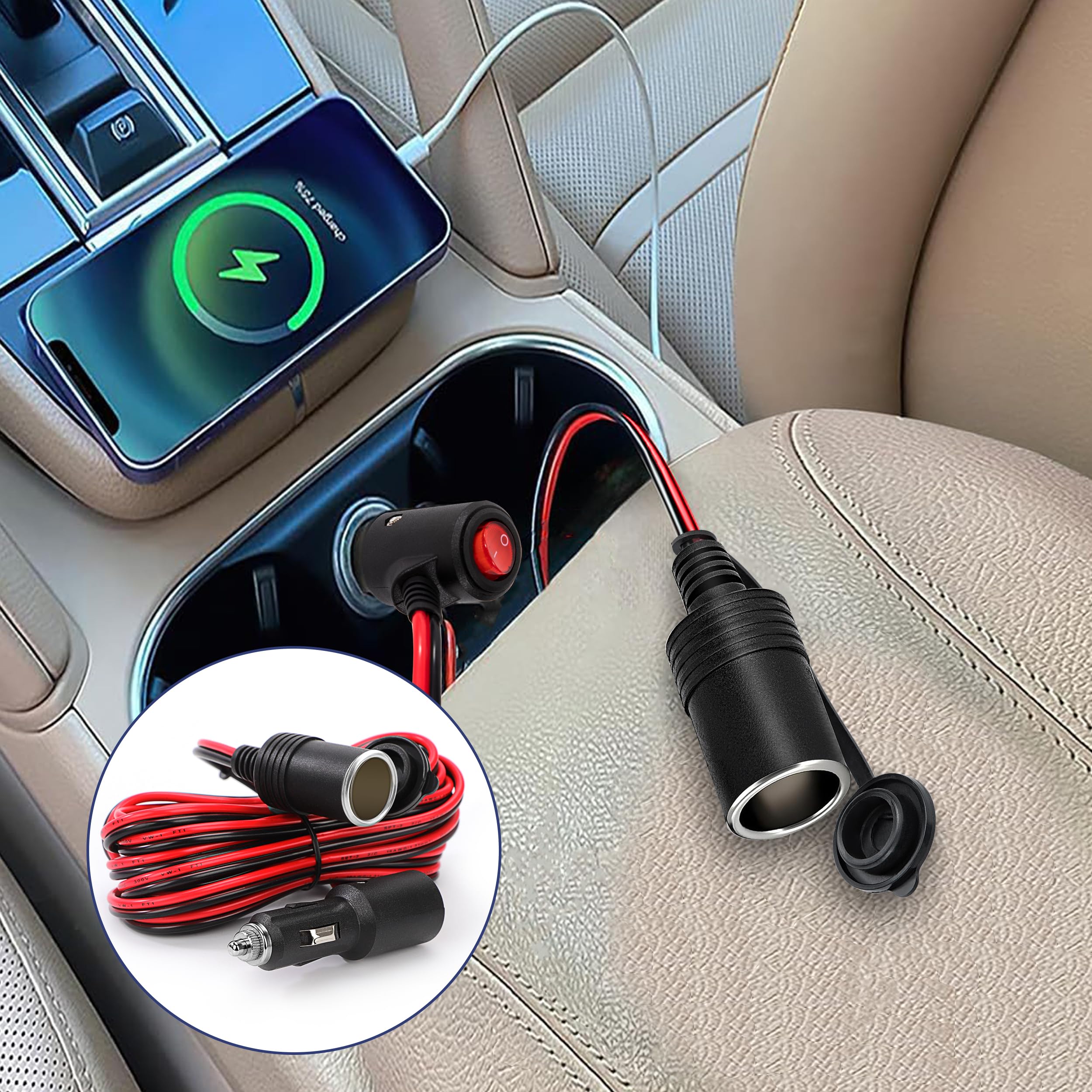 Przedłużacz samochodowy 12 V do gniazda zapalniczki samochodowej, 4 m, przedłużacz, wtyczka 16 AWG, kabel z przełącznikiem i bezpiecznikiem 15 A, adapter 12 V/24 V
