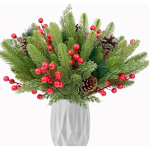 68 Pcs Christmas Artificial Pine Branch, 12 Inch Cedar Sprigs Stems with Pinecones Red Berry Needles Picks Christmas Fake Greenery for Garland Wreath DIY Holiday Decoration