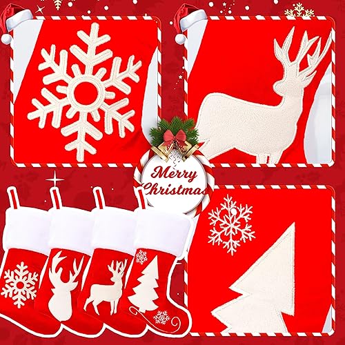 Miniatura 5 de Hopearl Juego de medias de Navidad de terciopelo rojo de 19 pulgadas, 4 piezas, calcetines de Navidad, renos, copos de nieve, soportes para