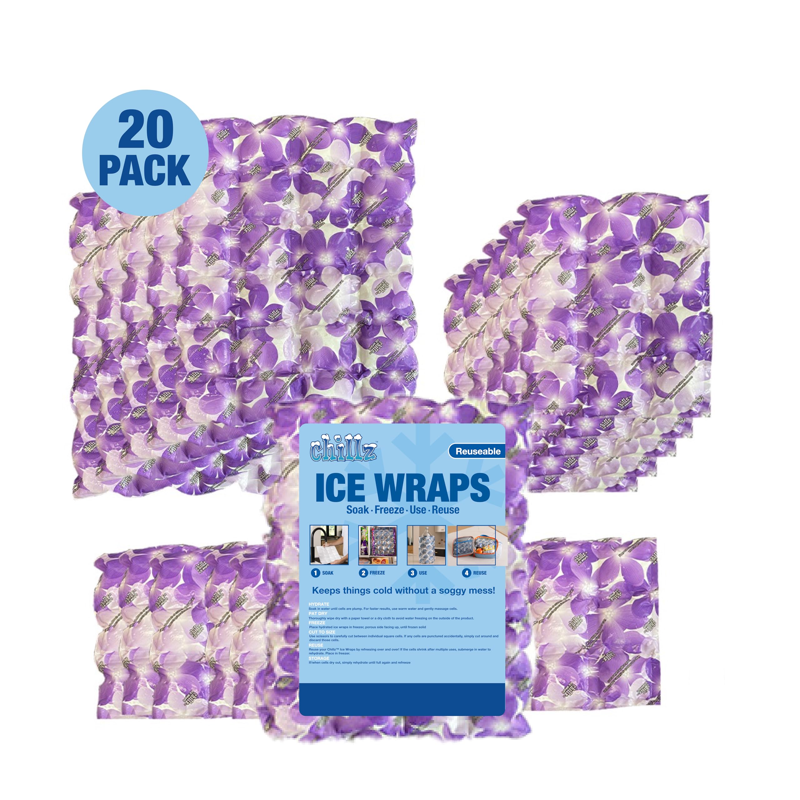 Chillz Reusable Ice Sheets – Flexible Ice Blankets for Coolers, Lunch Boxes, Shipping & Cold Therapy, Muscle Soreness Relief (Purple Floral, Set of 20 Ice Wraps (10-6, 5-12 and 5-24))