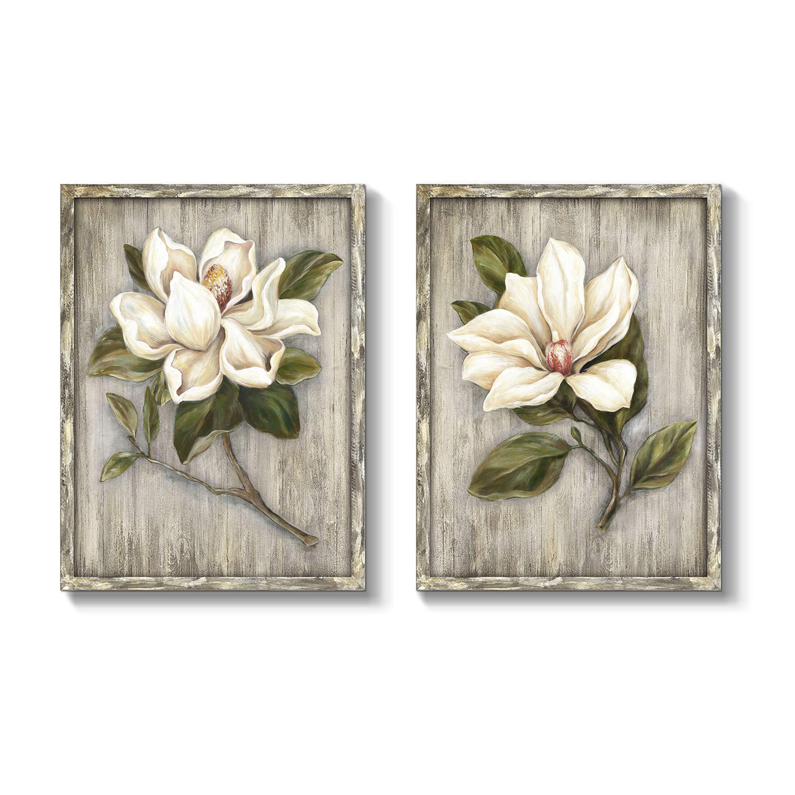 TAR TAR STUDIO White Flower Magnolia Canvas Wall Art: Blossom Floral Artwork Over Wood Background Canvas For Bathroom Living Decor Rustic Wall Decor for Farmhouse Kitchen(18''H x 24''W x 2PCS)