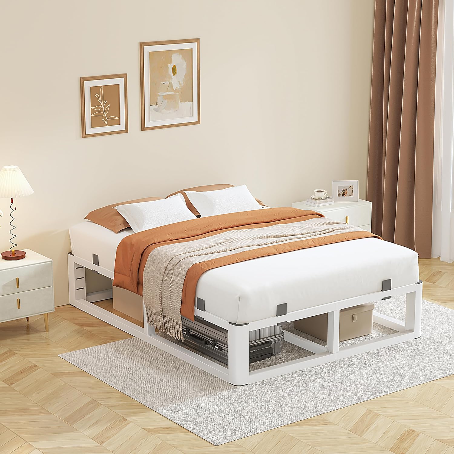 14 Inch Full Size Bed Frame with Rounded Corner and Headboard Hole, Metal Platform Bed Frames 6 Non-Slip Guards, 3500lbs Heavy Duty Steel Slat Support, Squeak Free, No Box Spring Needed, White