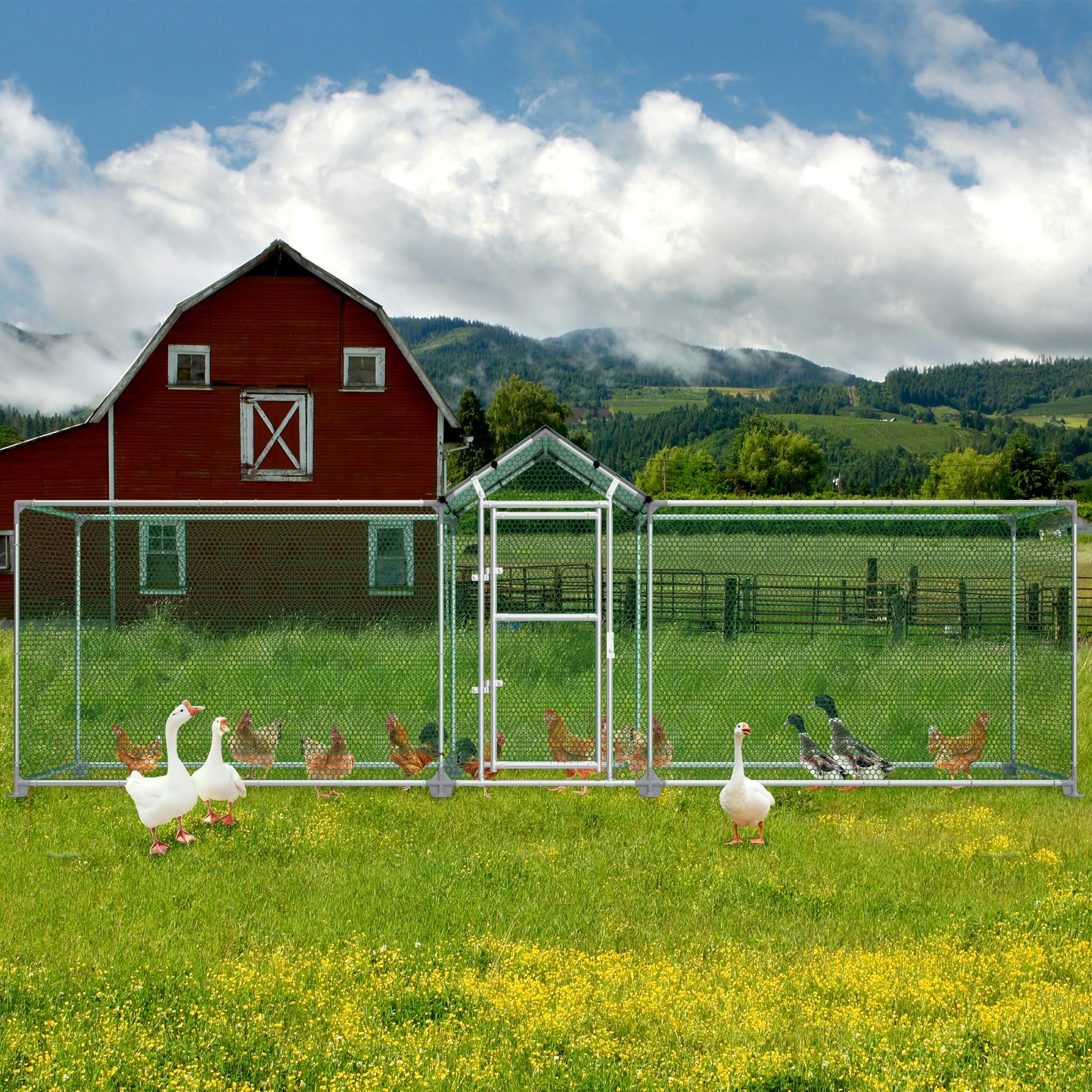 LZQ Hühnerstall 5x1x1,5 m Freilaufgehege, Winterfestes Hühnerhaus mit Verzinktem Stahlrahmen, Sonnenschutz-Dach, Tür & Riegel, Outdoor Chicken Run für Hühner, Enten, Kaninchen & Kleintiere