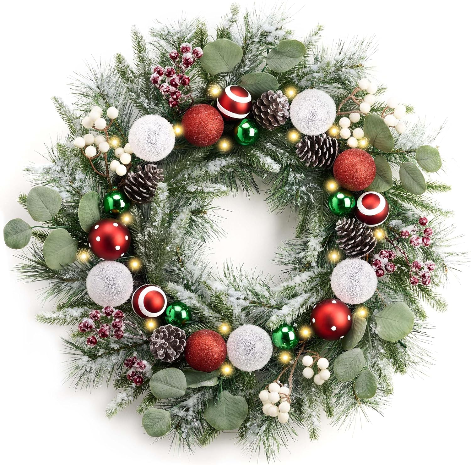 Valery Madelyn 20'' Pre-Lit Christmas Wreath for Front Door with Light, Lighted Christmas Door Wreath with Red White Xmas Ball Norfolk Pine Branches for Home Porch Fireplace Window Holiday Decor